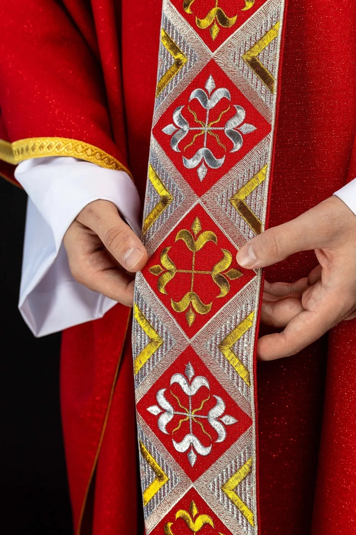 Red Chasuble with Decorative Embroidered Band — full view