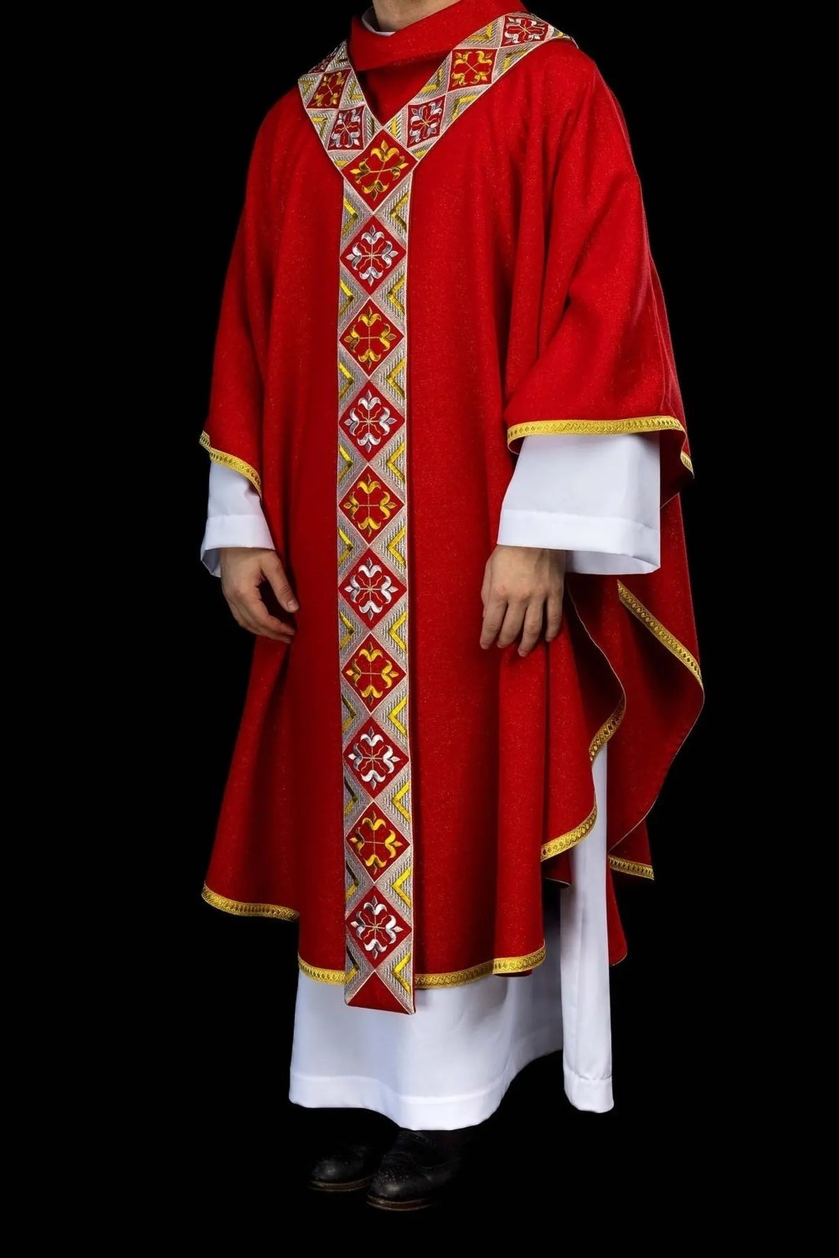 Red Chasuble with Decorative Embroidered Band — embroidery close-up