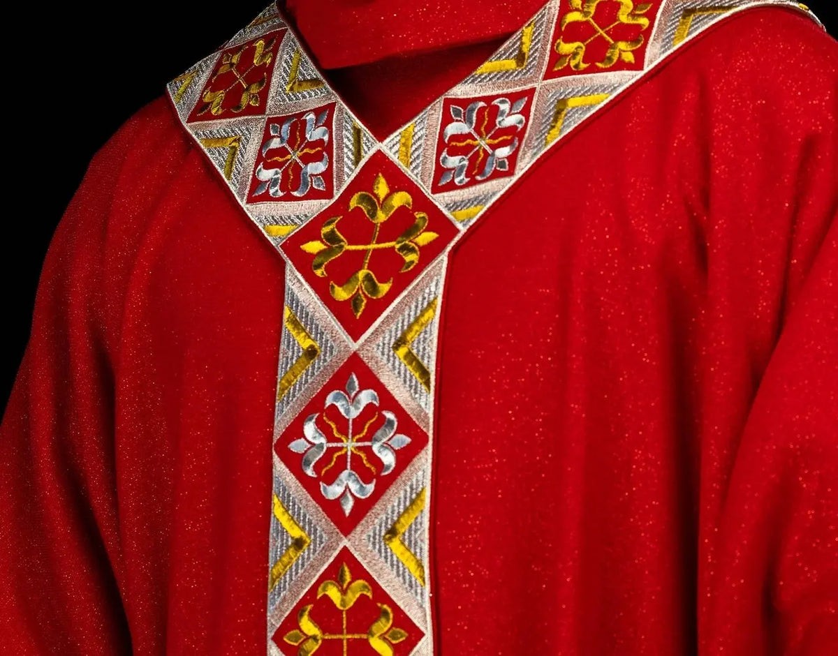 Red Chasuble with Decorative Embroidered Band — front view
