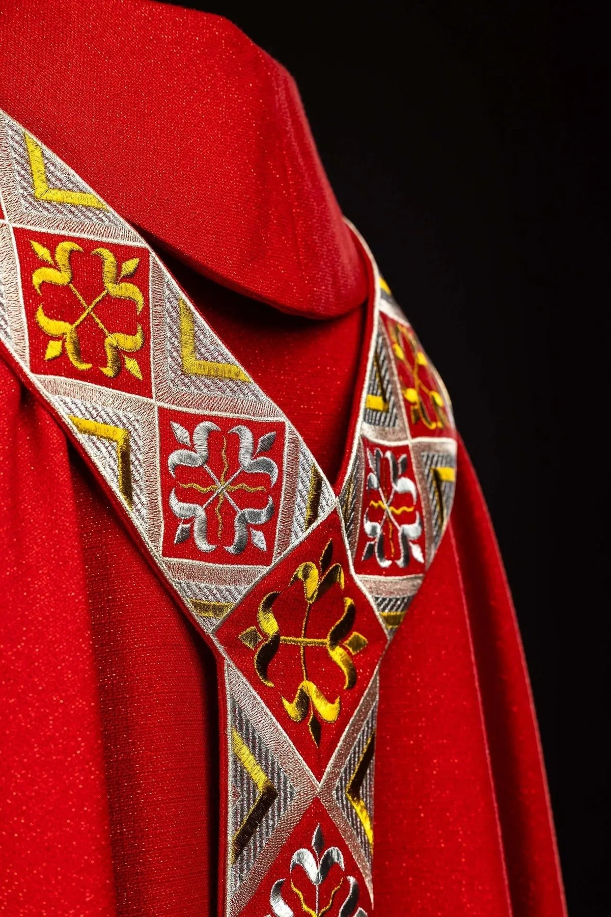 Red Chasuble with Decorative Embroidered Band — fabric detail