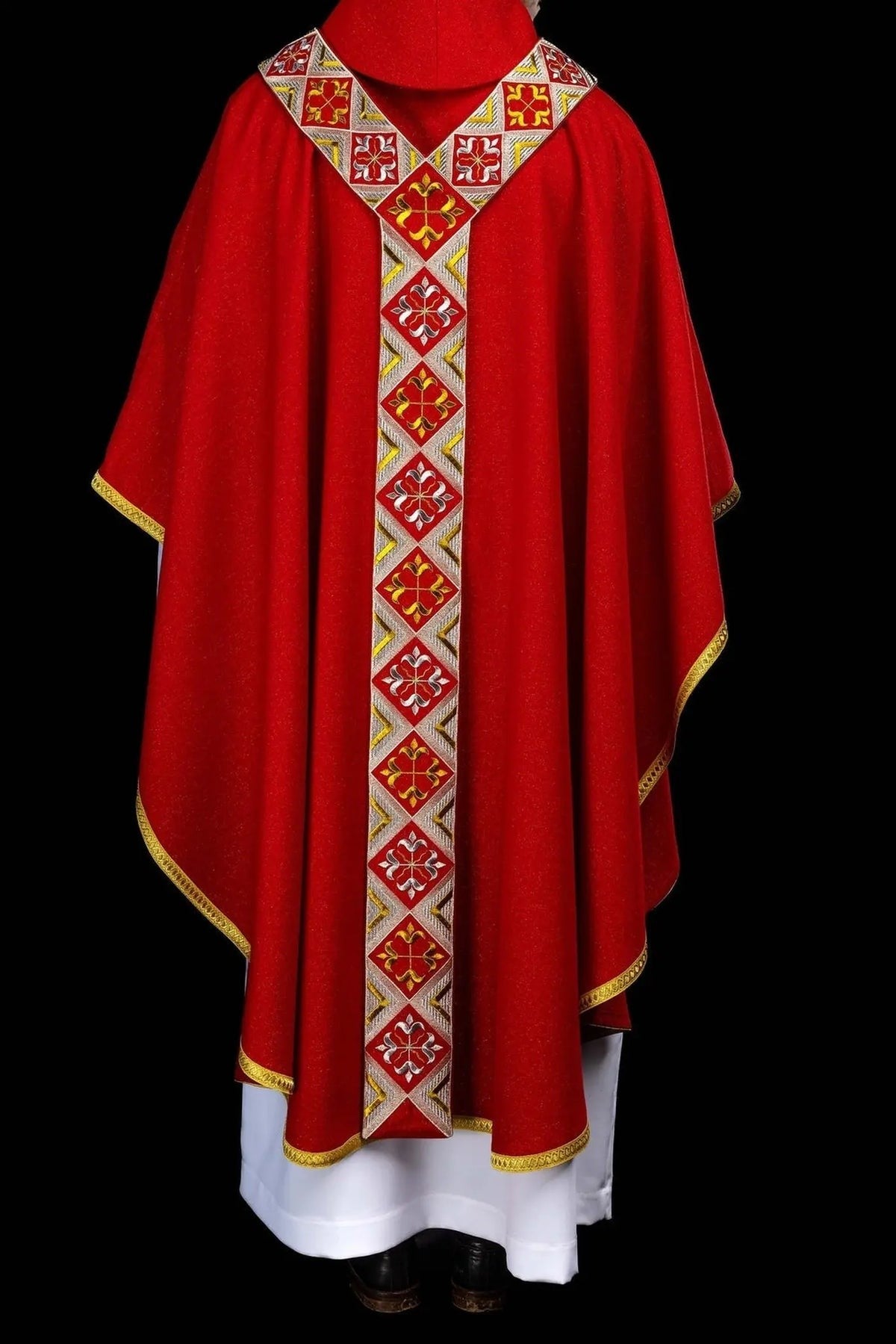 Red Chasuble with Decorative Embroidered Band — fit and drape