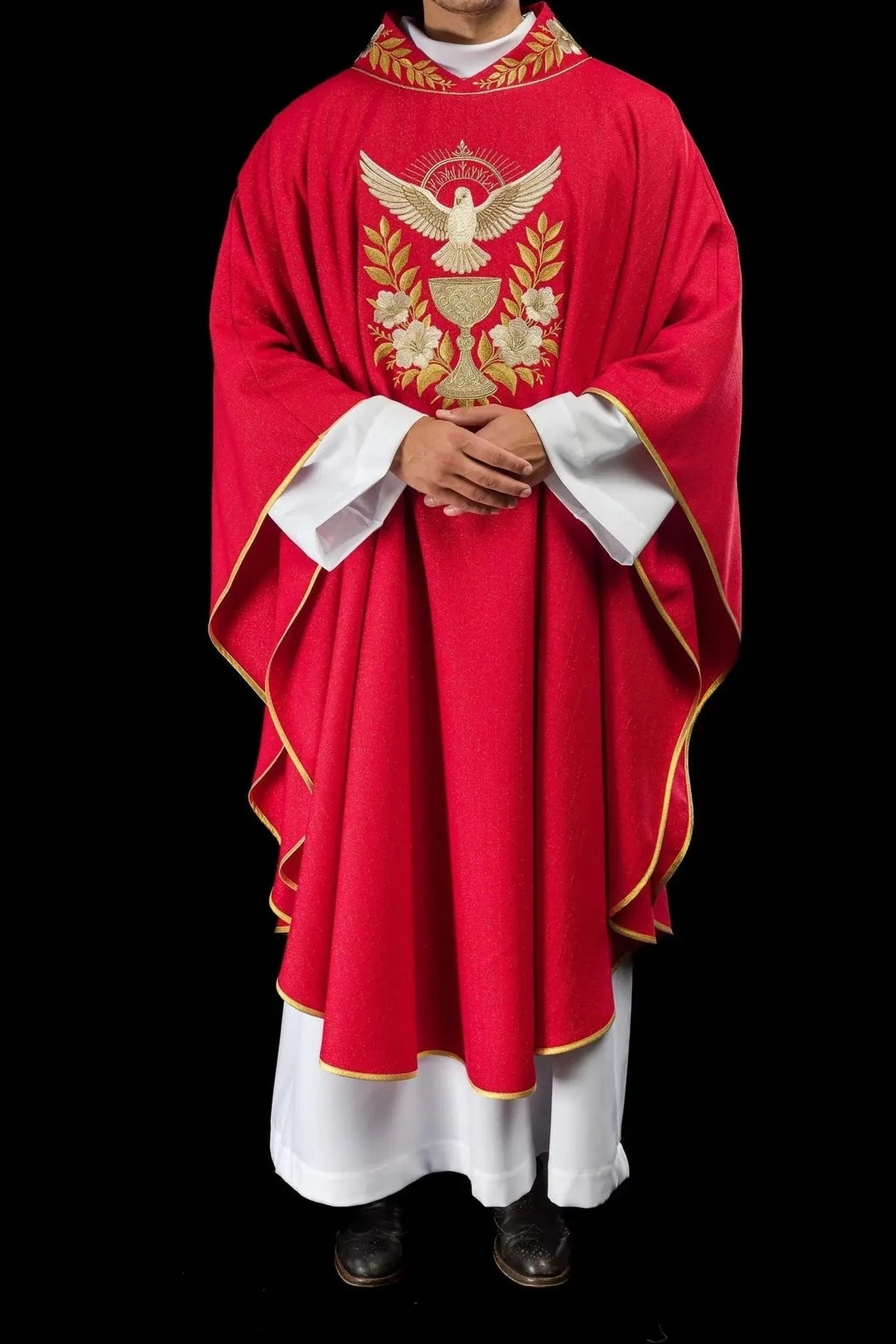 Red Chasuble with Embroidered Collar and Holy Spirit Symbol — full view