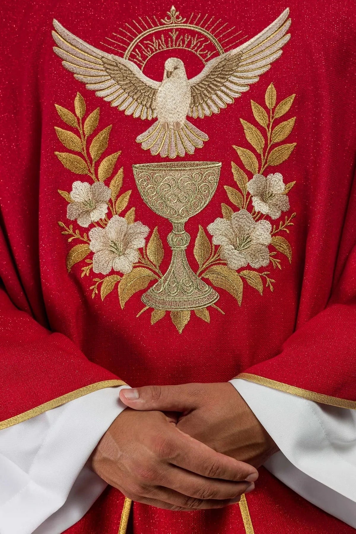 Red Chasuble with Embroidered Collar and Holy Spirit Symbol — embroidery close-up