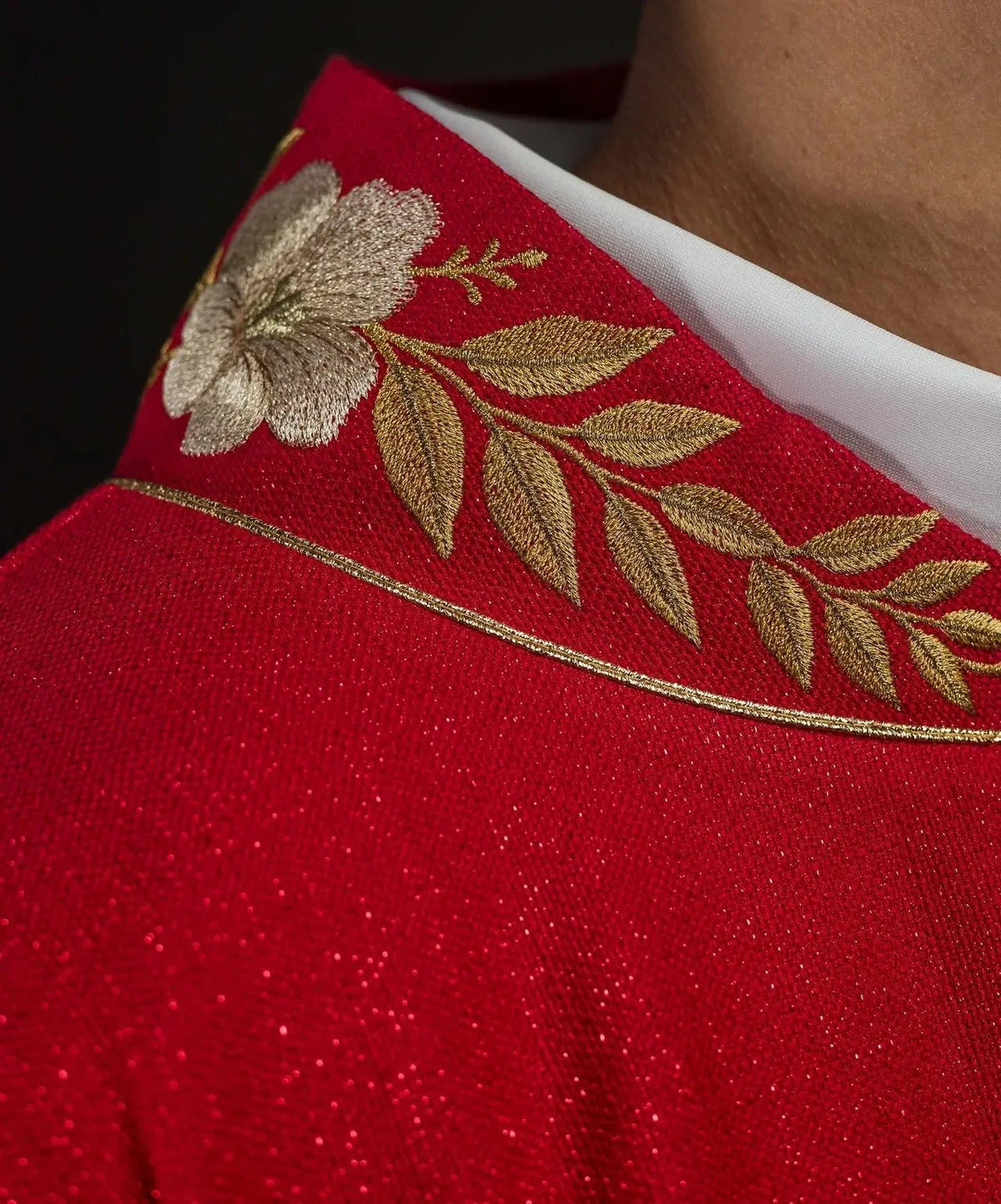 Red Chasuble with Embroidered Collar and Holy Spirit Symbol — collar finish