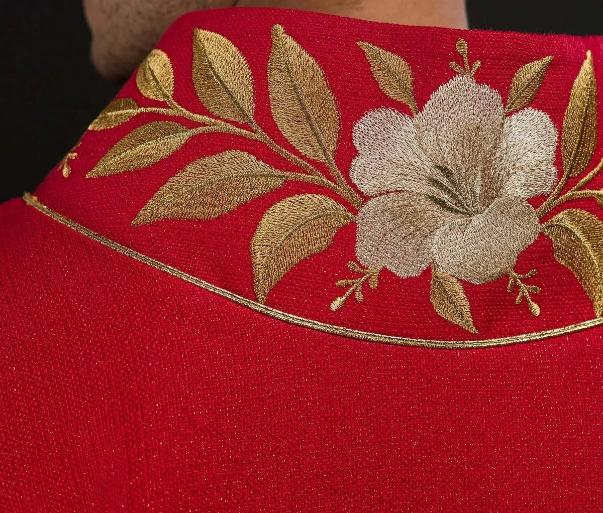 Red Chasuble with Embroidered Collar and Holy Spirit Symbol — front view