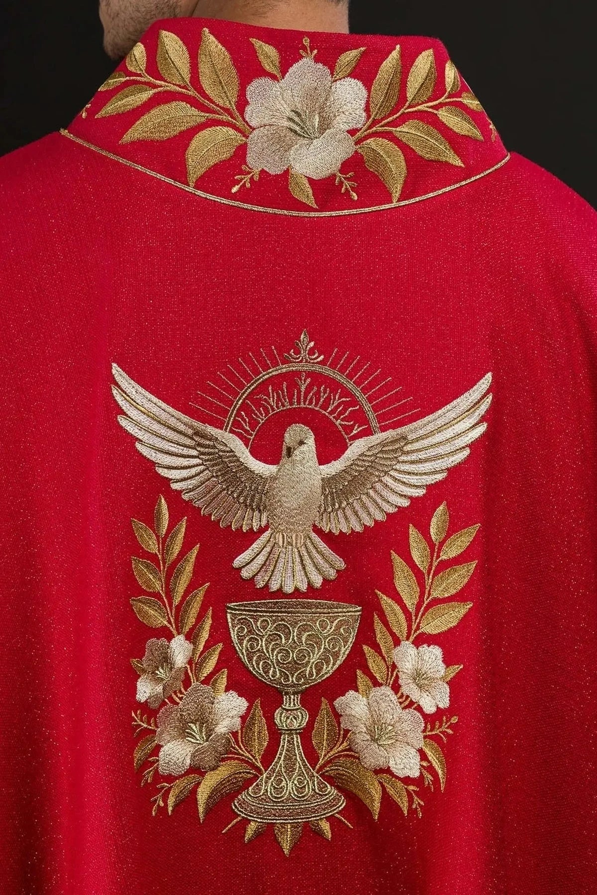 Red Chasuble with Embroidered Collar and Holy Spirit Symbol — back view