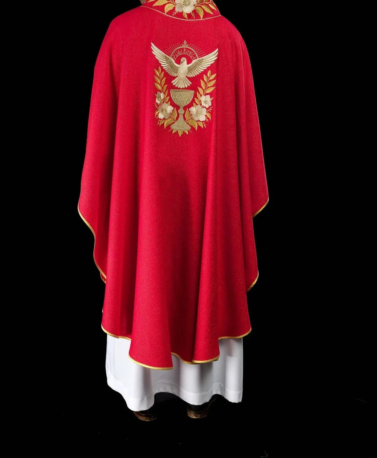 Red Chasuble with Embroidered Collar and Holy Spirit Symbol — fabric detail