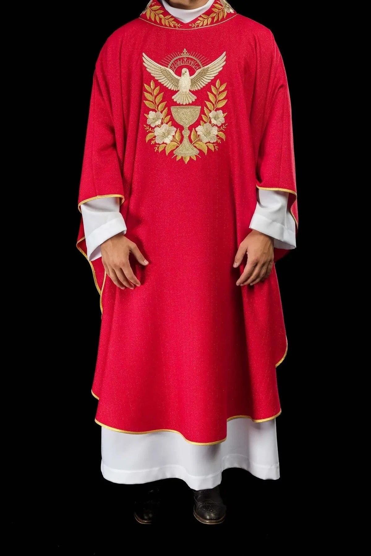 Red Chasuble with Embroidered Collar and Holy Spirit Symbol — fit on celebrant