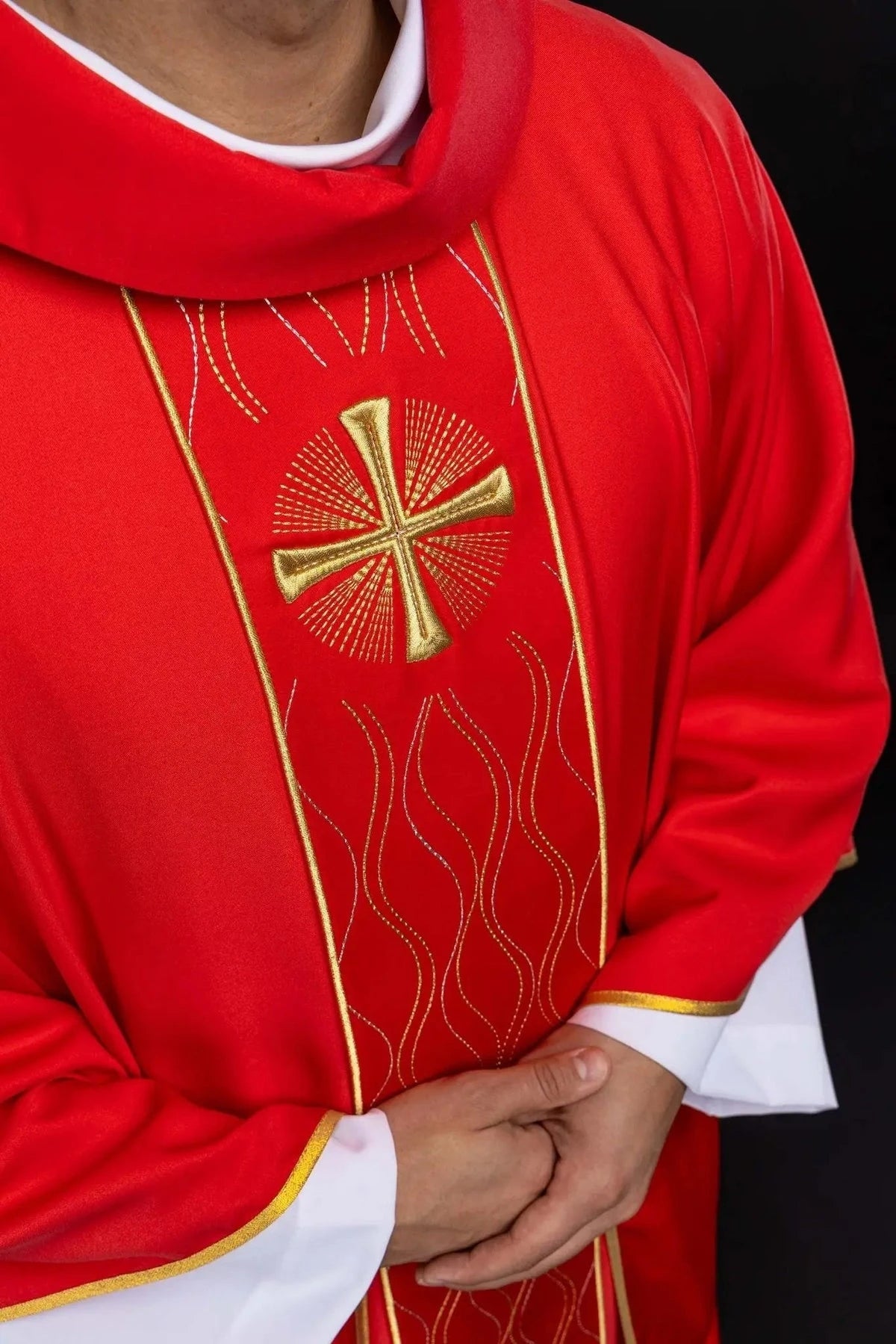 Red Chasuble with Embroidered Cross — embroidery close-up