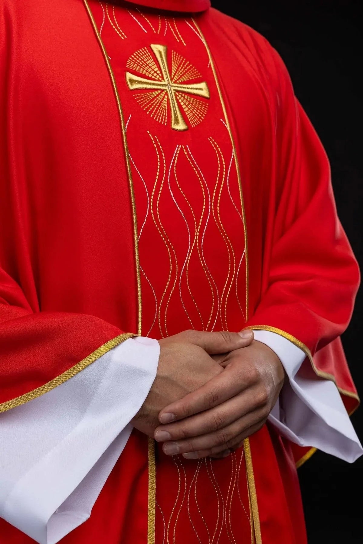 Red Chasuble with Embroidered Cross — collar finish