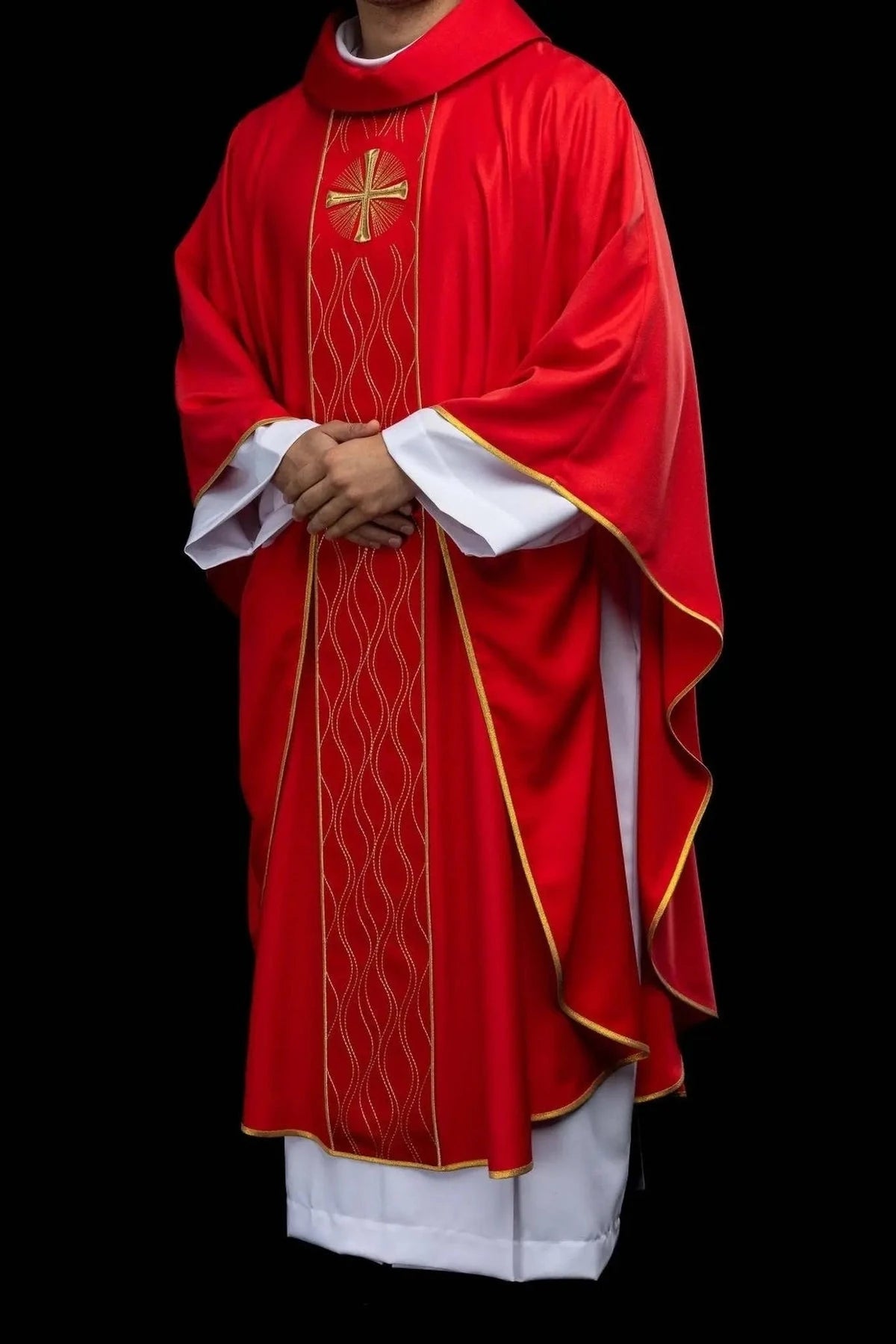 Red Chasuble with Embroidered Cross — fabric detail