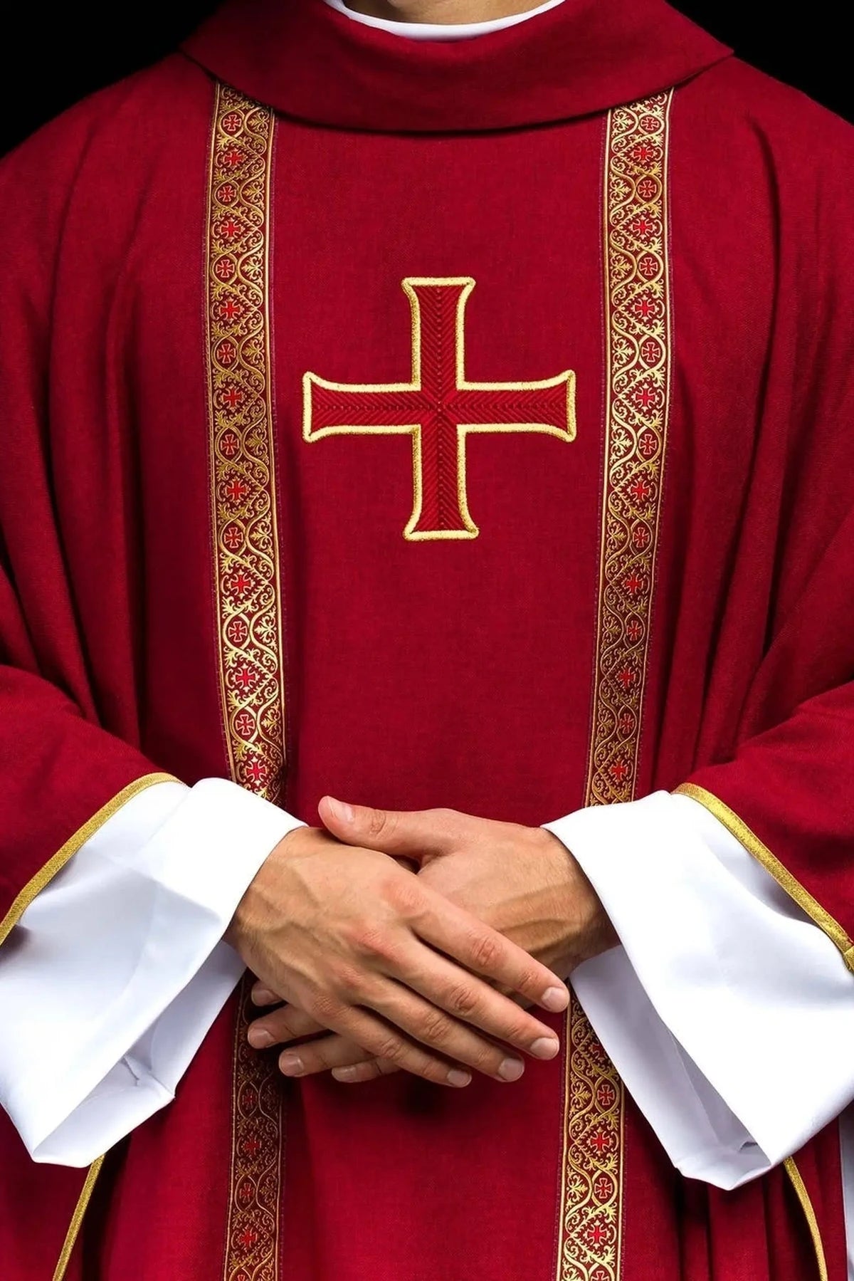 Red Chasuble with Embroidered Cross and Jacquard Bands — product view
