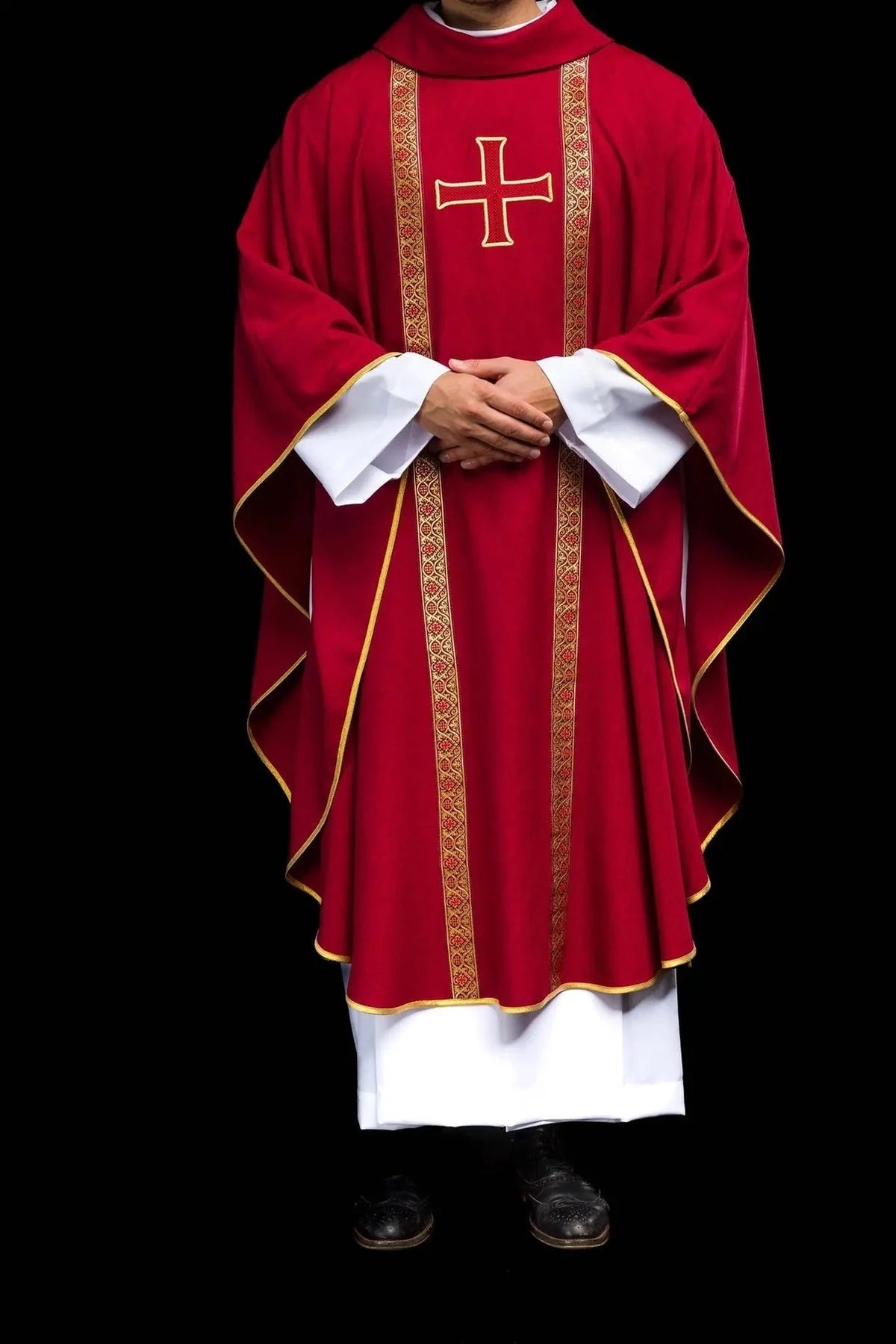 Red Chasuble with Embroidered Cross and Jacquard Bands — full view