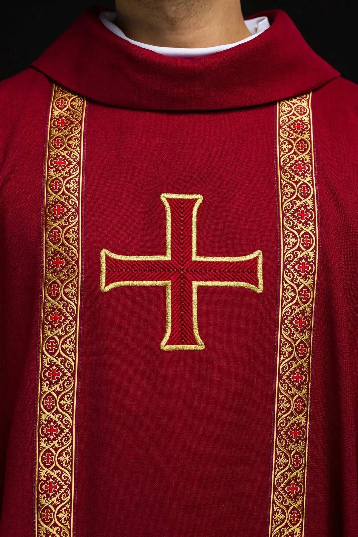 Red Chasuble with Embroidered Cross and Jacquard Bands — embroidery close-up