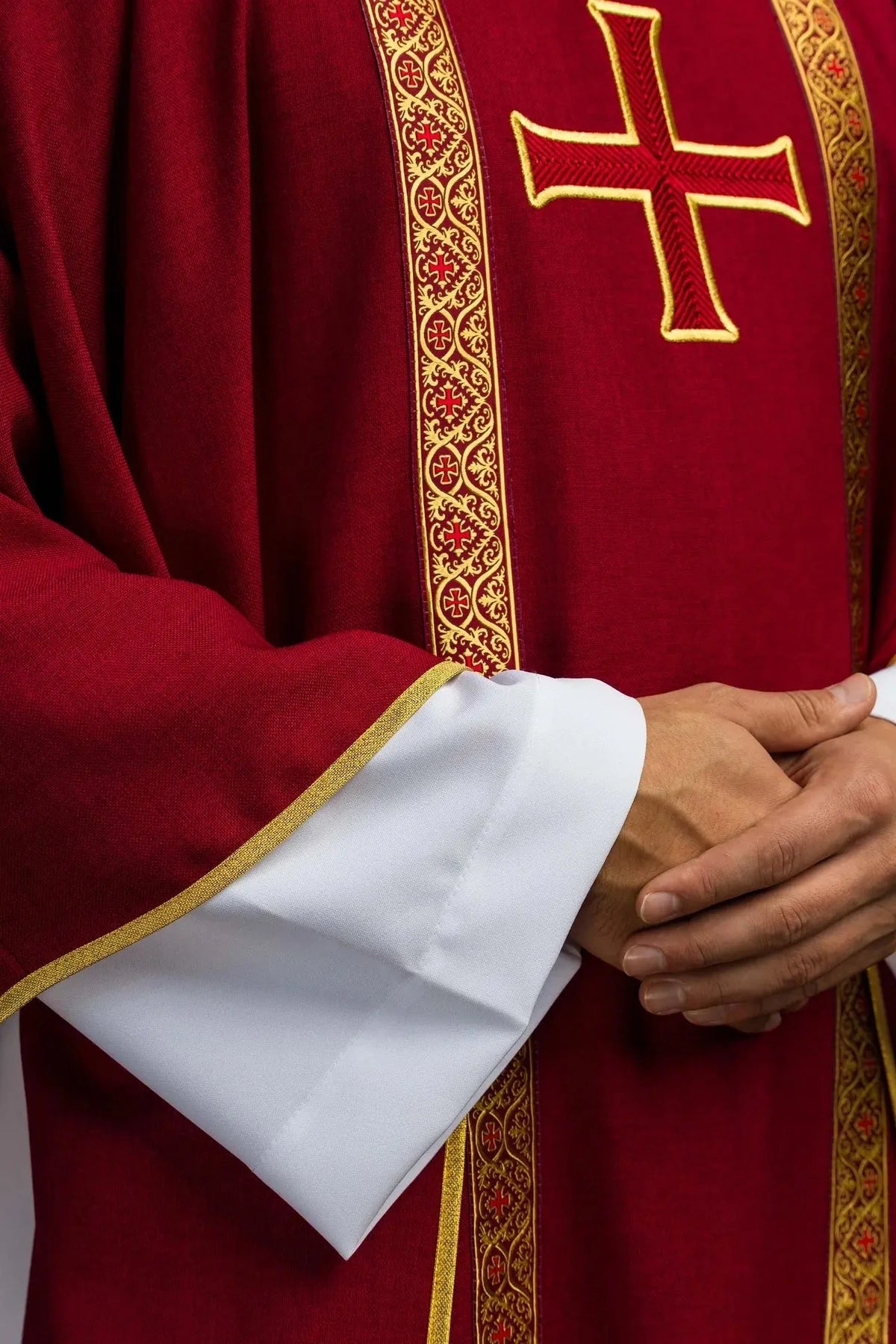 Red Chasuble with Embroidered Cross and Jacquard Bands — symbol detail