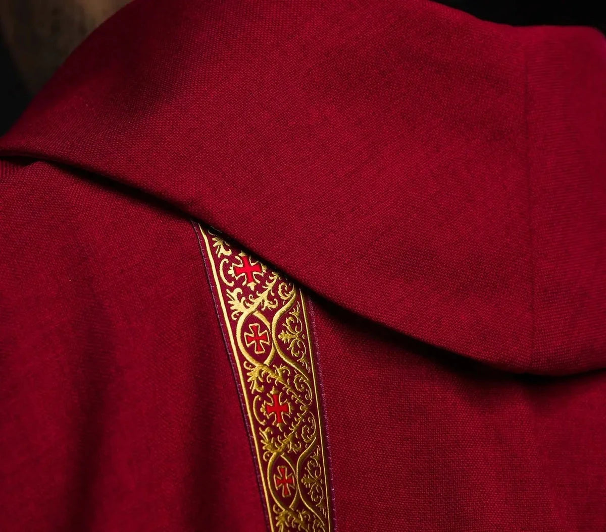 Red Chasuble with Embroidered Cross and Jacquard Bands — collar finish