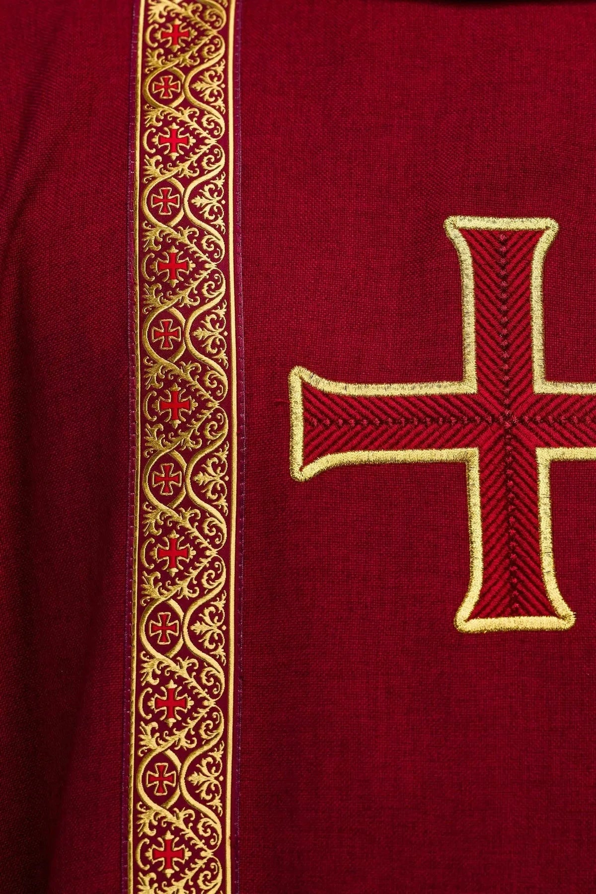 Red Chasuble with Embroidered Cross and Jacquard Bands — front view