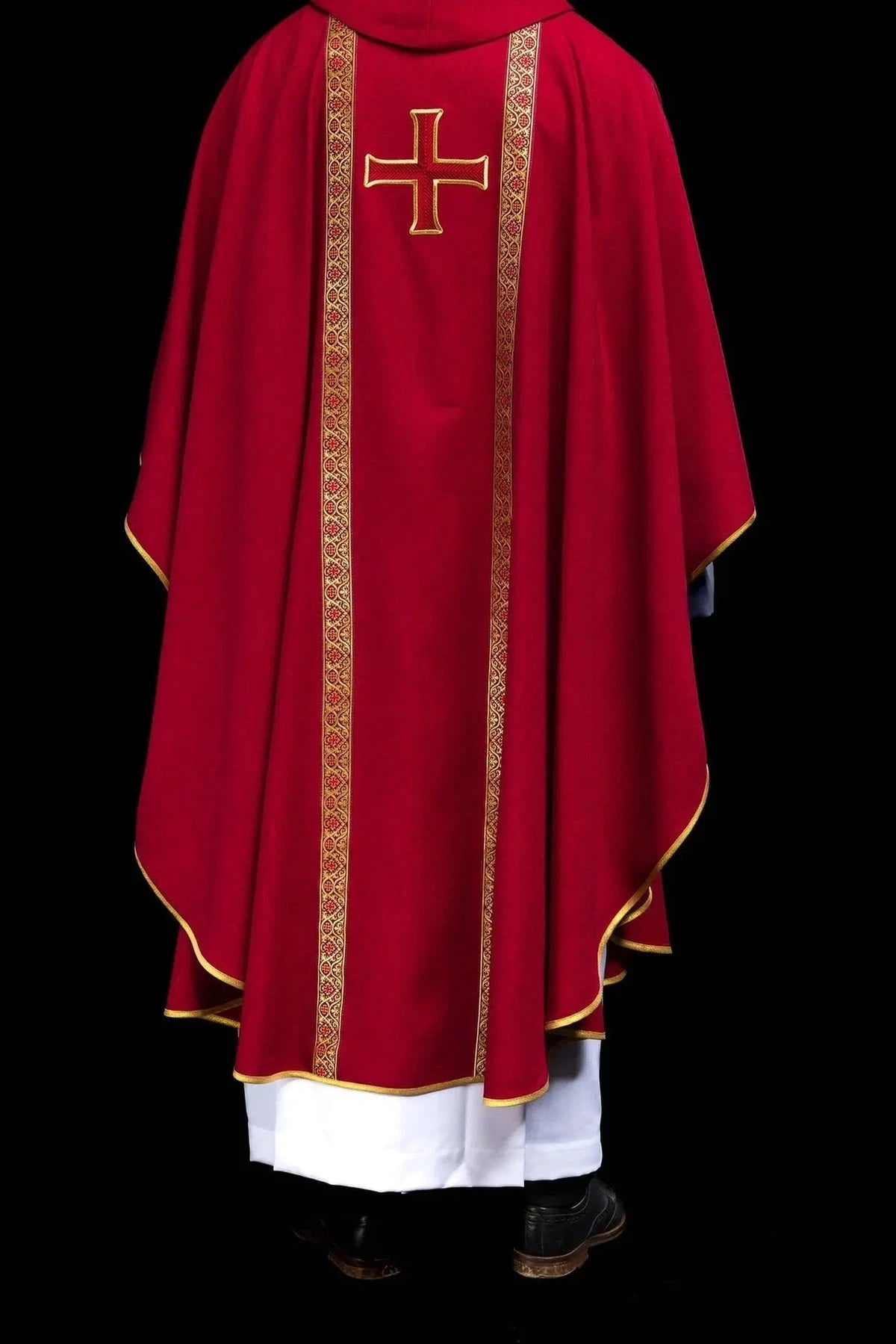 Red Chasuble with Embroidered Cross and Jacquard Bands — back view