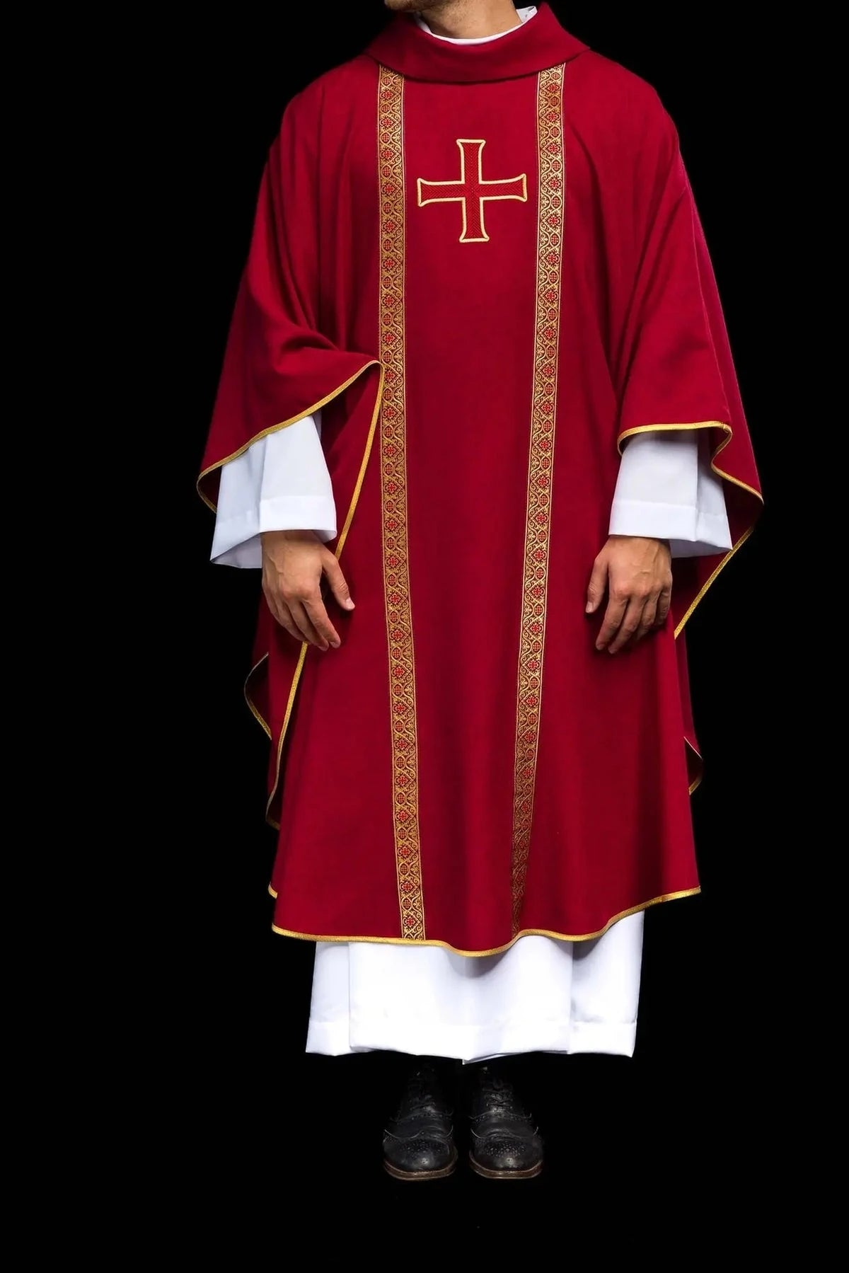Red Chasuble with Embroidered Cross and Jacquard Bands — fabric detail
