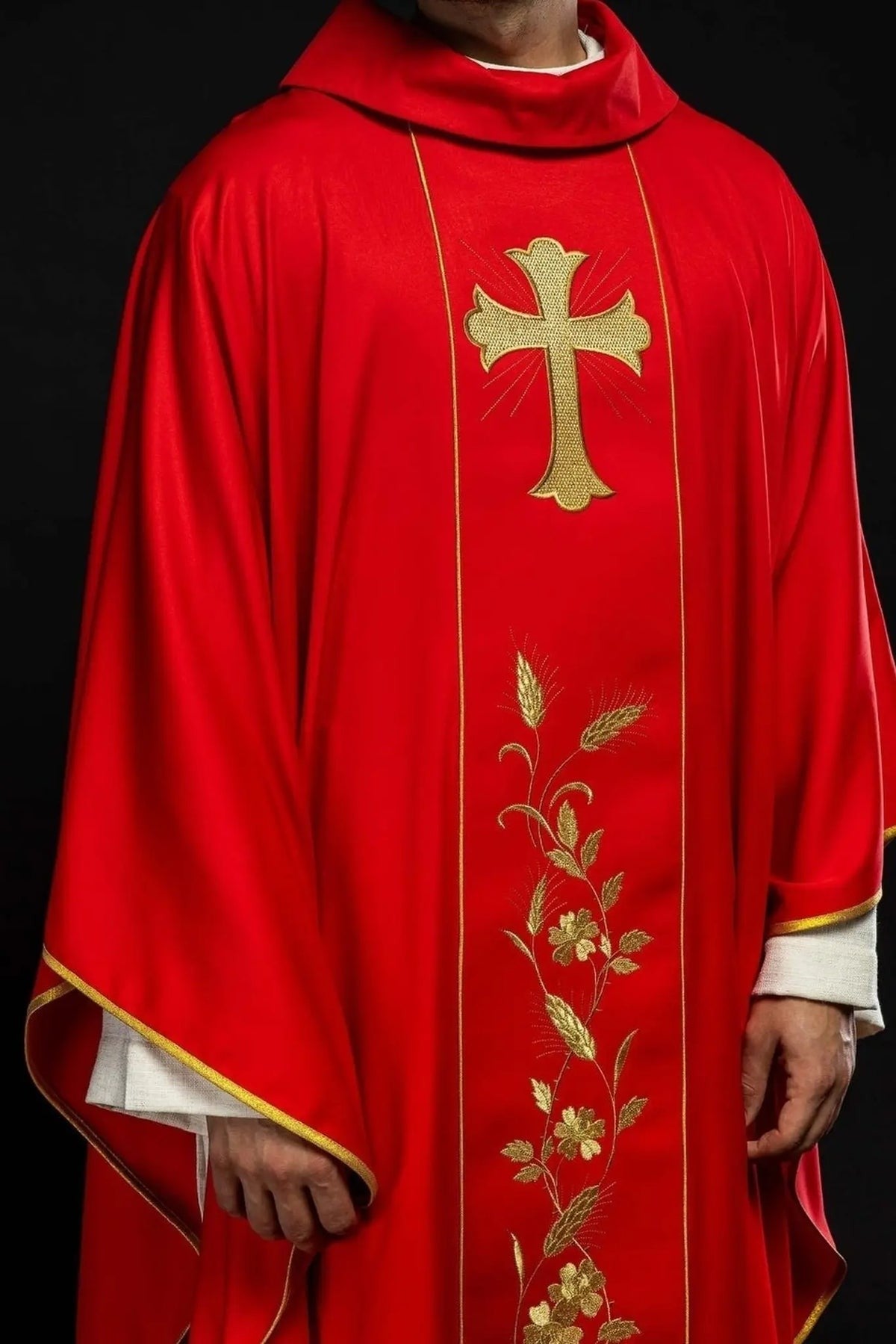 Red Chasuble with Embroidered Cross and Wheat — full view