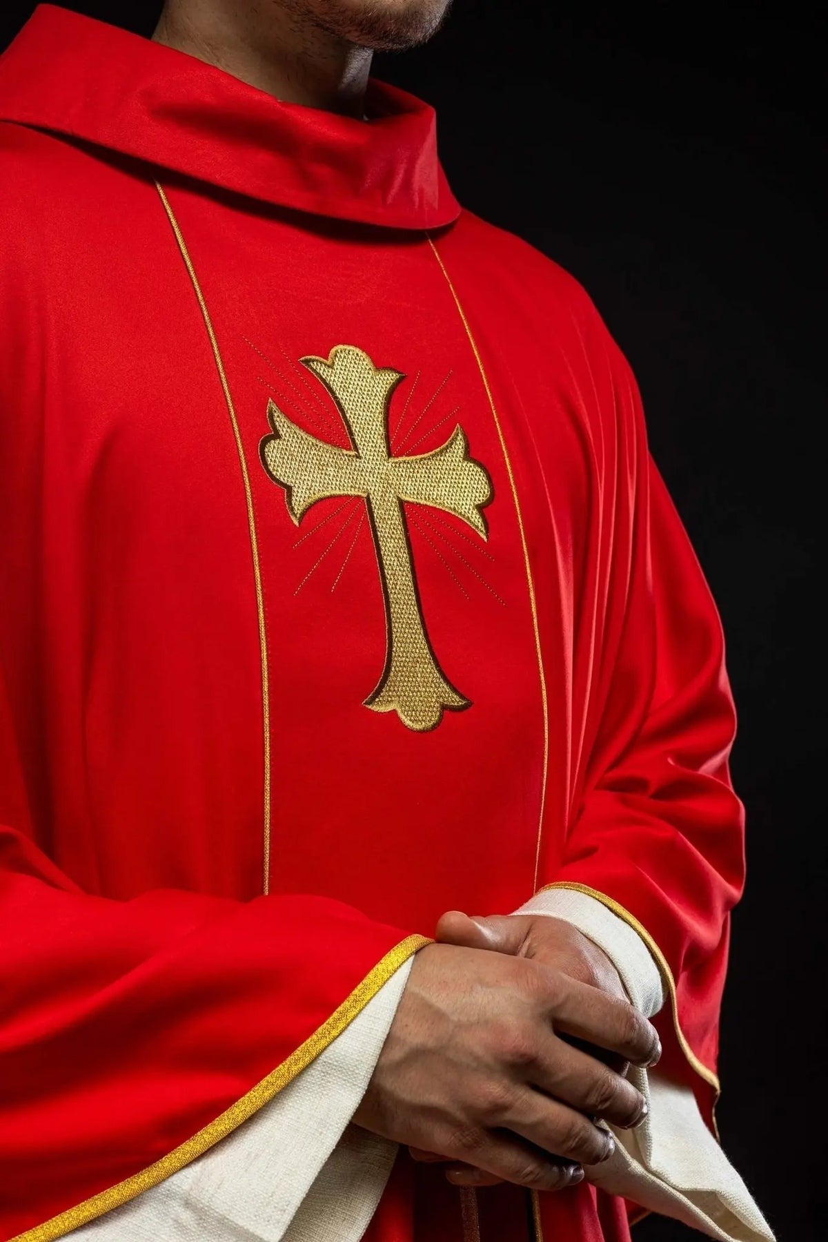 Red Chasuble with Embroidered Cross and Wheat — embroidery close-up