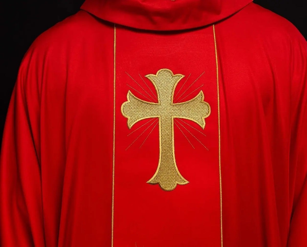 Red Chasuble with Embroidered Cross and Wheat — symbol detail