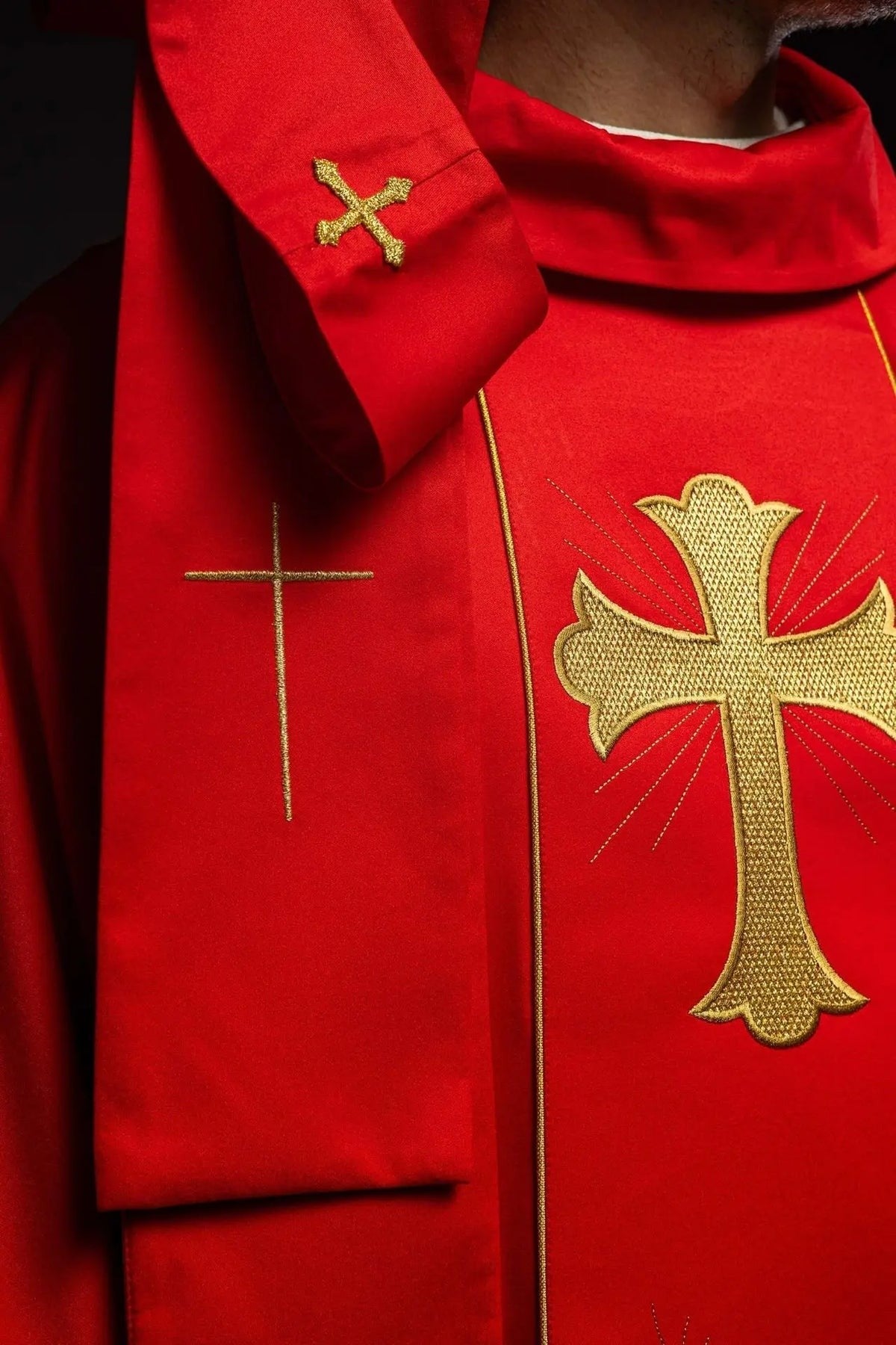 Red Chasuble with Embroidered Cross and Wheat — front view