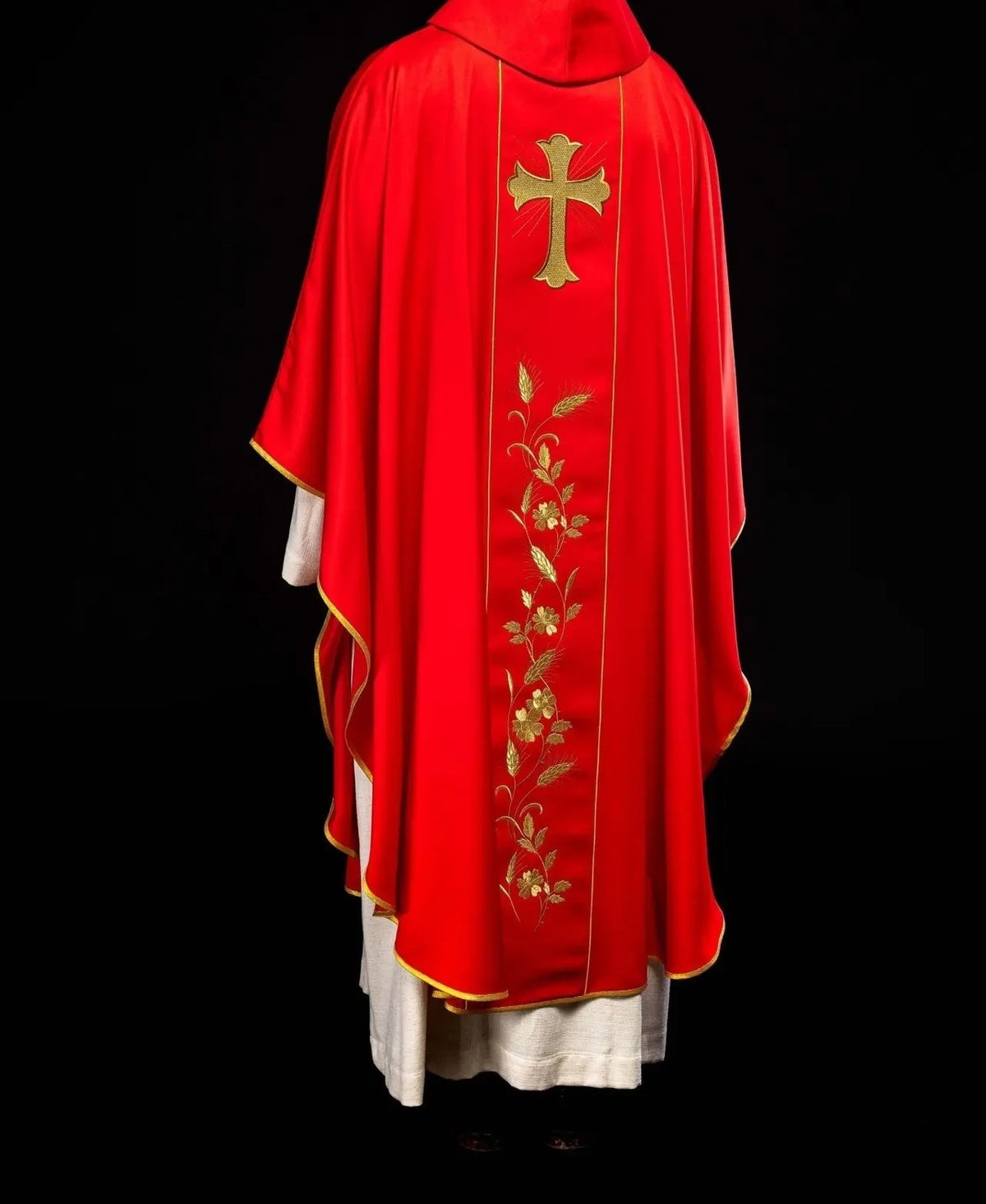 Red Chasuble with Embroidered Cross and Wheat — fabric detail