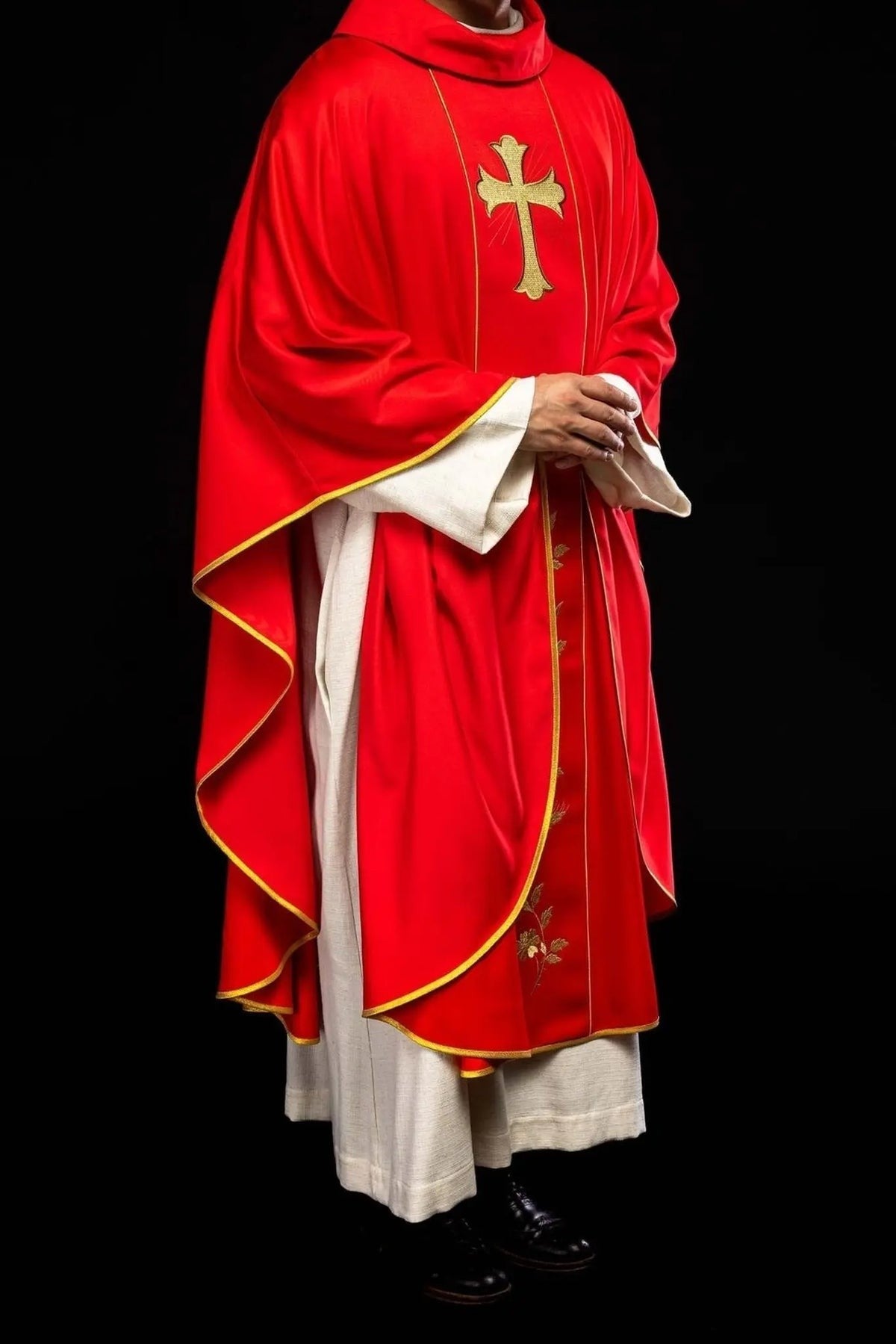 Red Chasuble with Embroidered Cross and Wheat — fit on celebrant