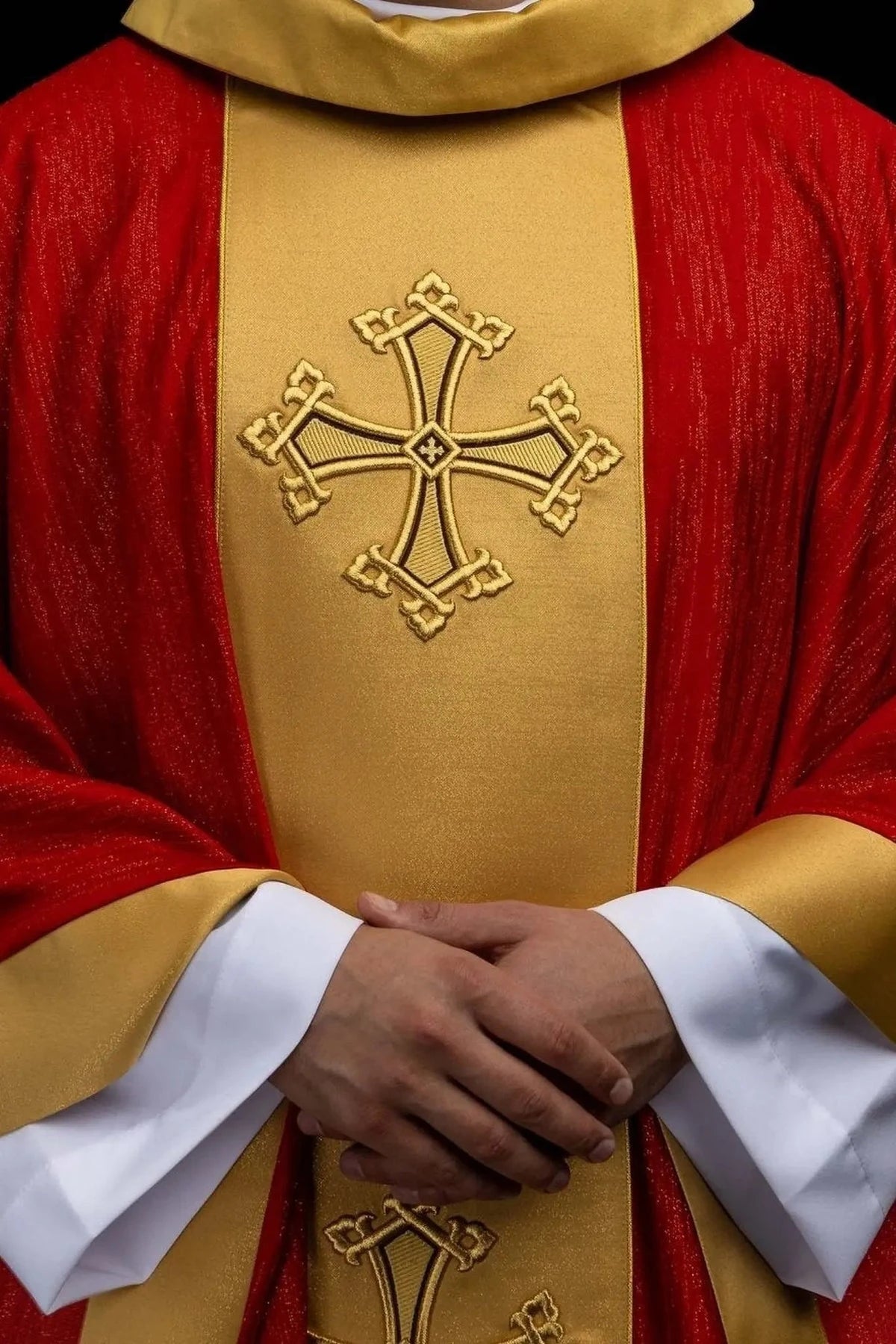 Red Chasuble with Embroidered Cross Motif and Gold-Colored Band — product view