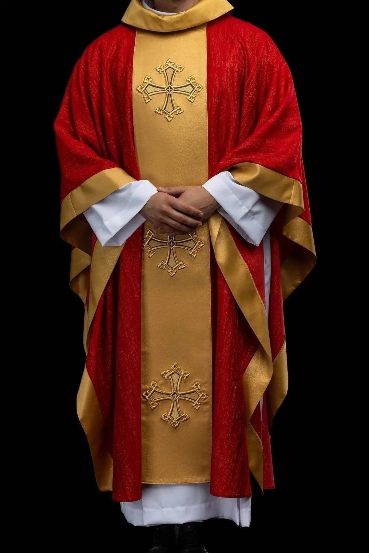 Red Chasuble with Embroidered Cross Motif and Gold-Colored Band — full view
