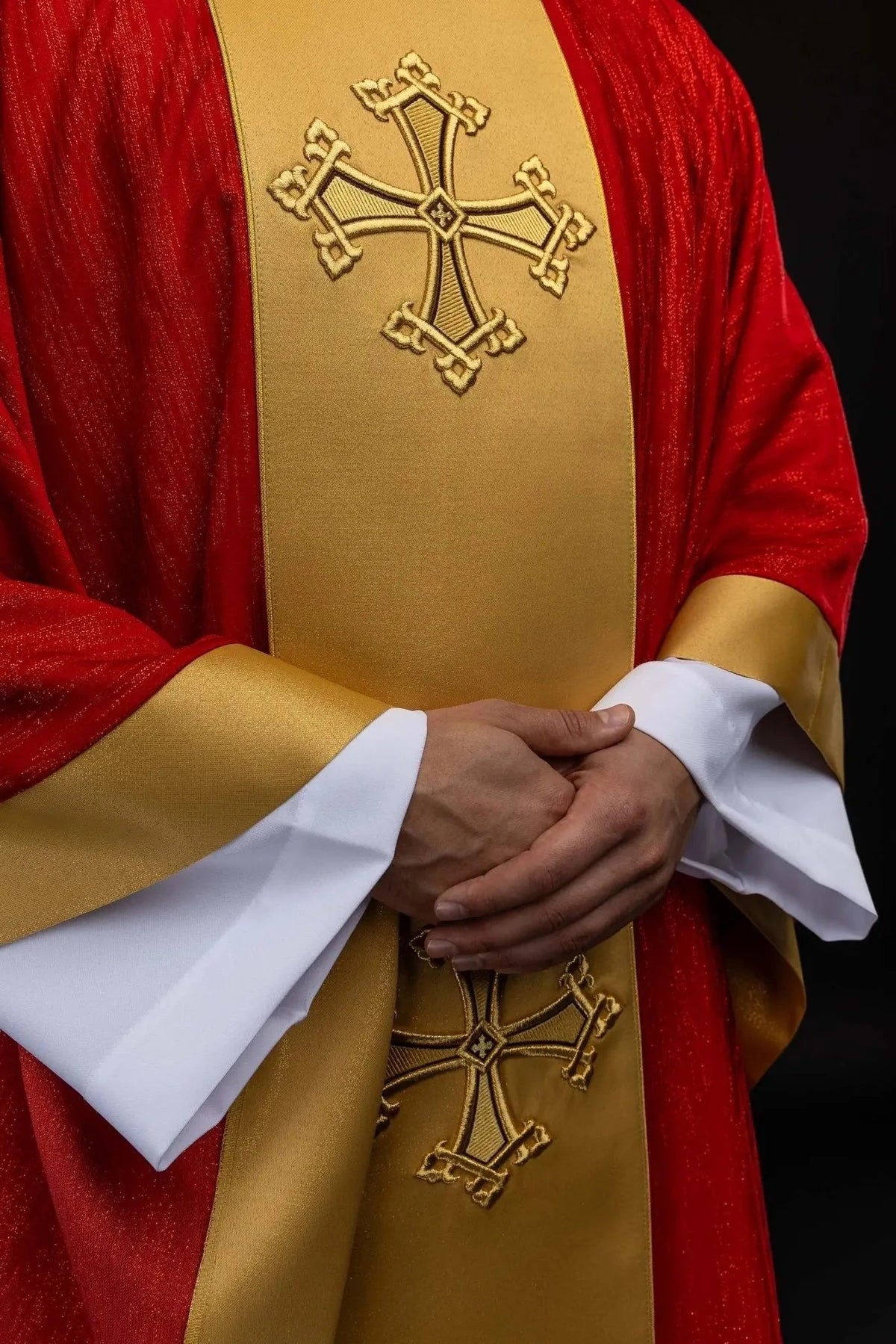 Red Chasuble with Embroidered Cross Motif and Gold-Colored Band — symbol detail