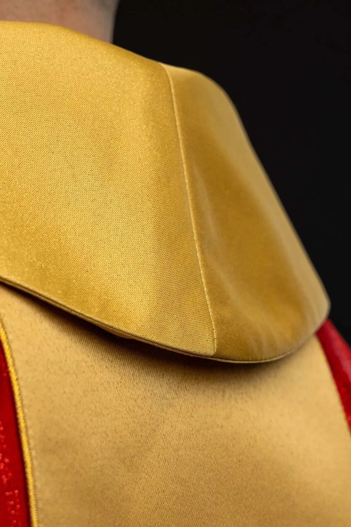 Red Chasuble with Embroidered Cross Motif and Gold-Colored Band — collar finish