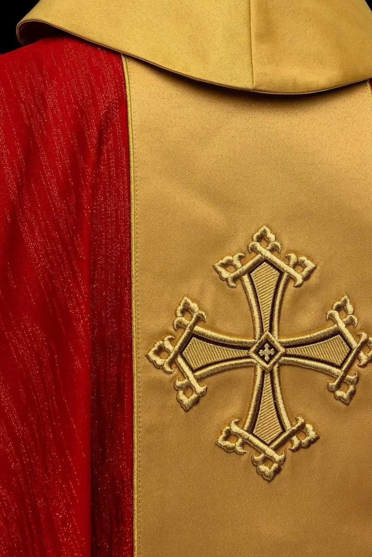 Red Chasuble with Embroidered Cross Motif and Gold-Colored Band — front view
