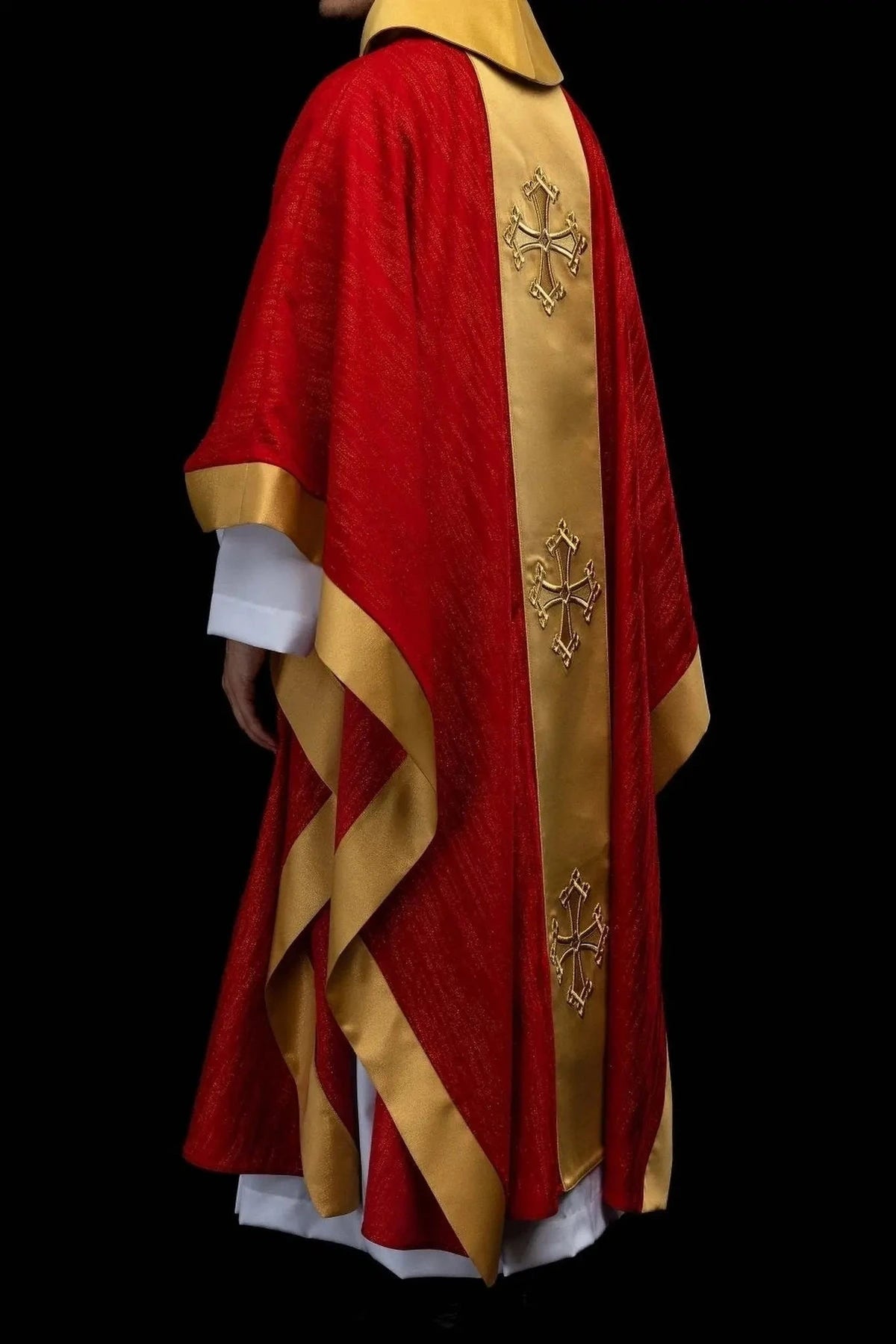 Red Chasuble with Embroidered Cross Motif and Gold-Colored Band — back view