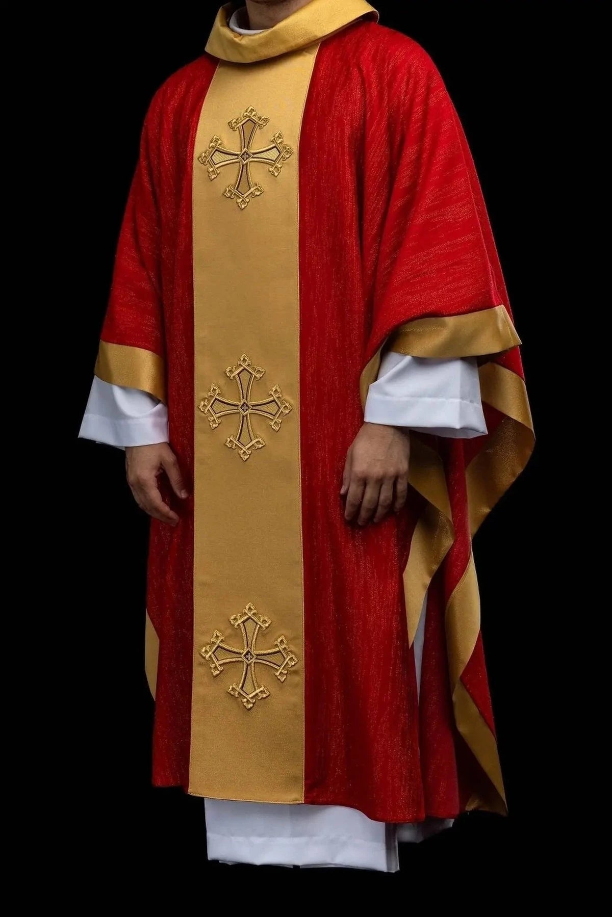Red Chasuble with Embroidered Cross Motif and Gold-Colored Band — fabric detail