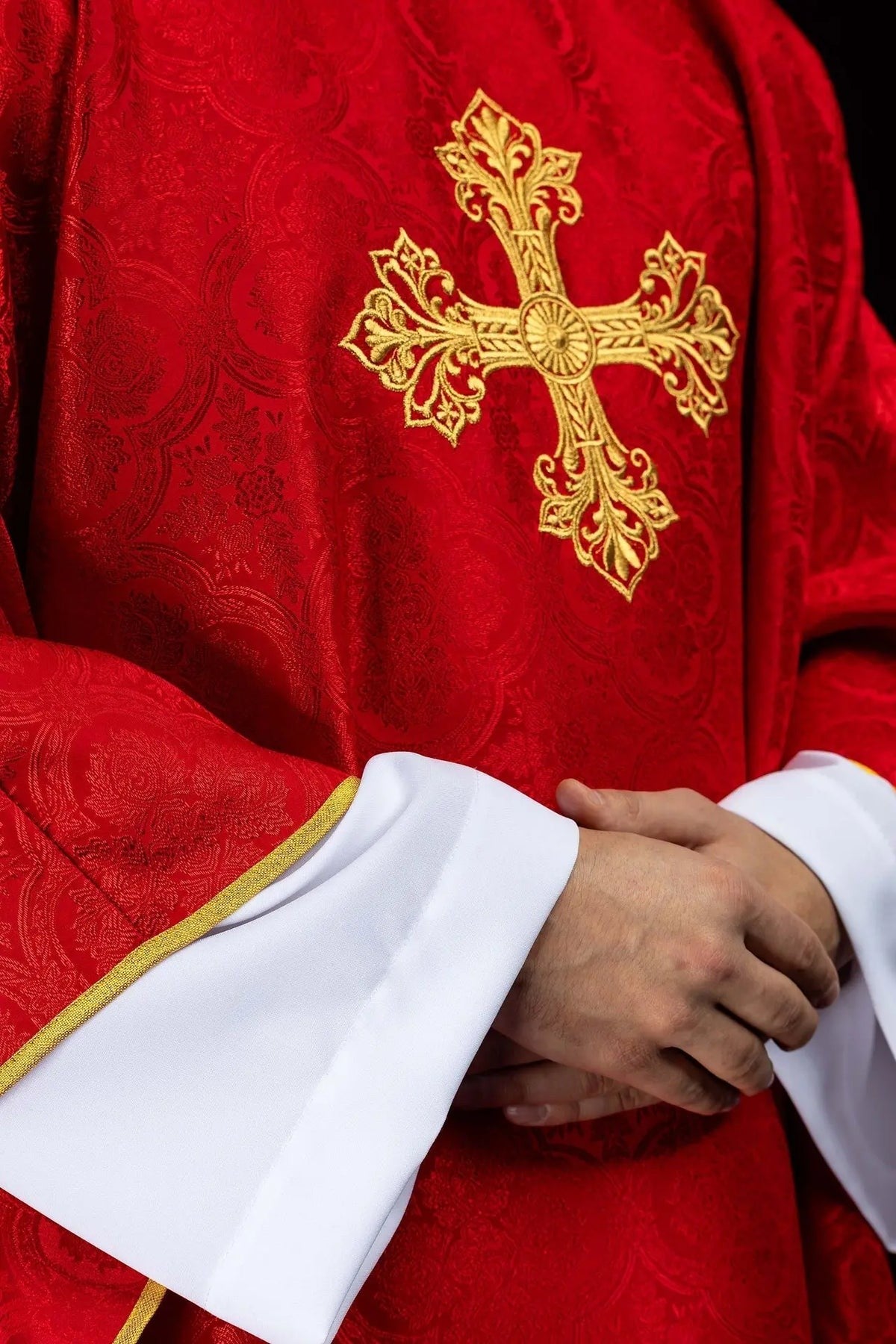 Red Chasuble with Embroidered Cross on Jacquard Fabric — full view