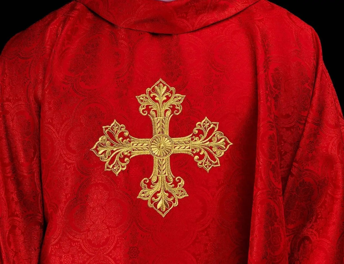 Red Chasuble with Embroidered Cross on Jacquard Fabric — embroidery close-up