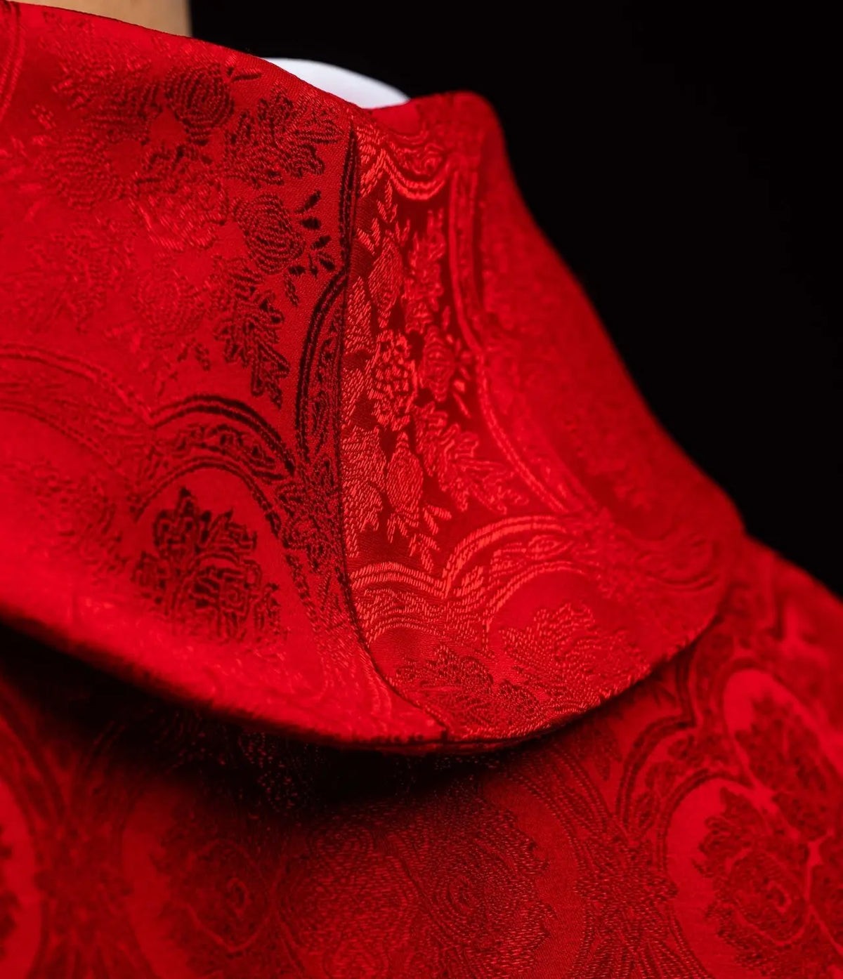 Red Chasuble with Embroidered Cross on Jacquard Fabric — front view