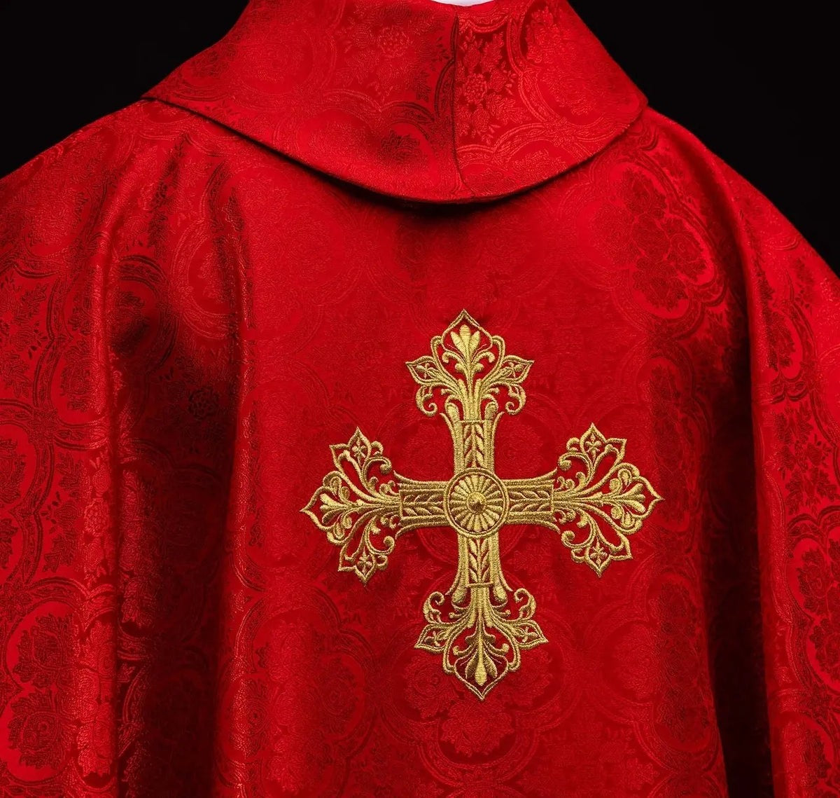 Red Chasuble with Embroidered Cross on Jacquard Fabric — back view