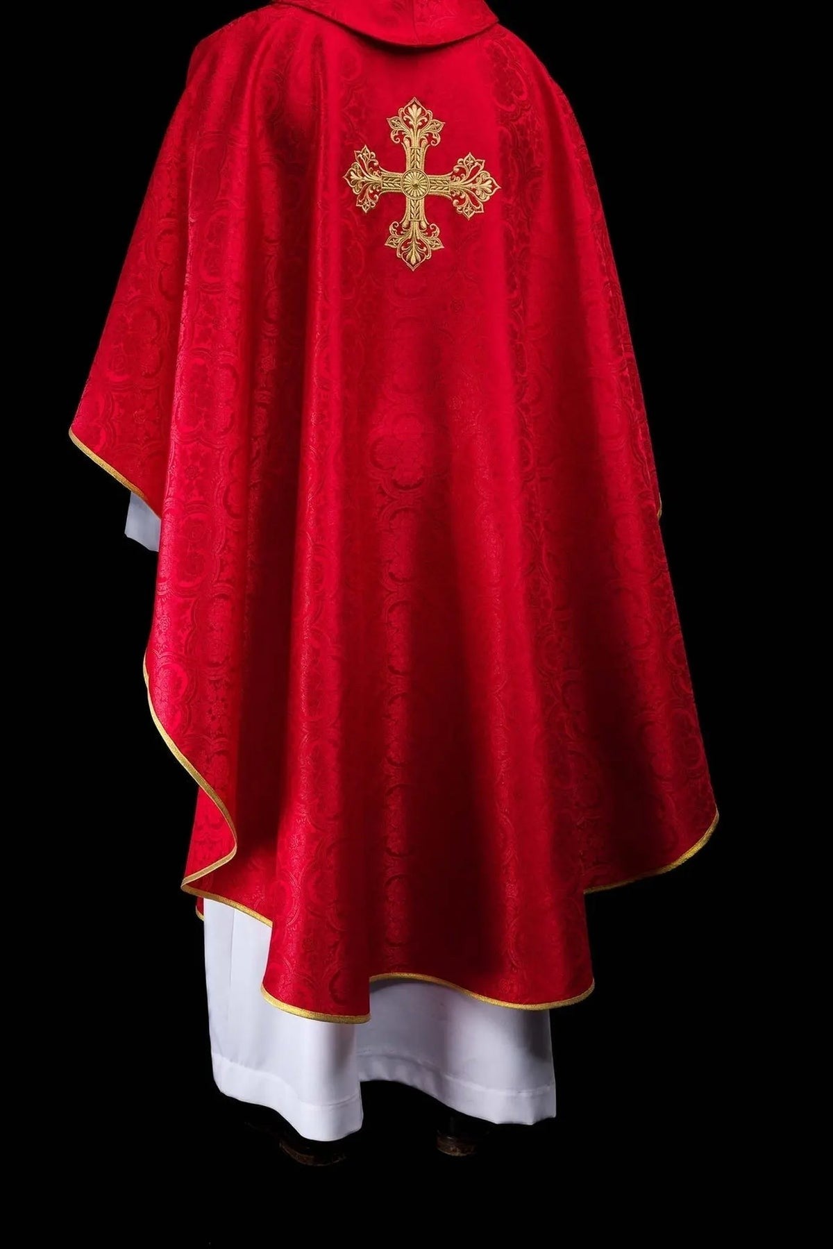 Red Chasuble with Embroidered Cross on Jacquard Fabric — fabric detail