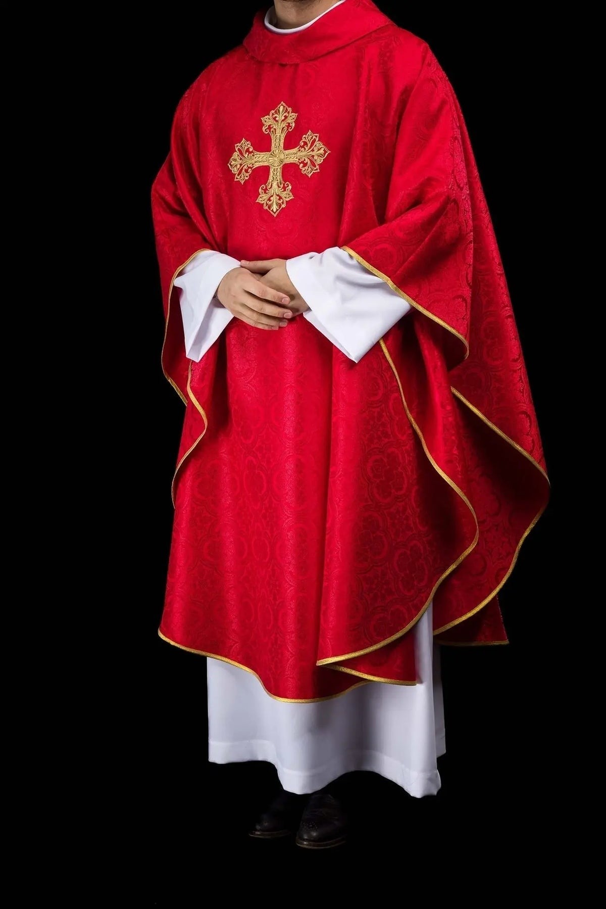 Red Chasuble with Embroidered Cross on Jacquard Fabric — fit and drape