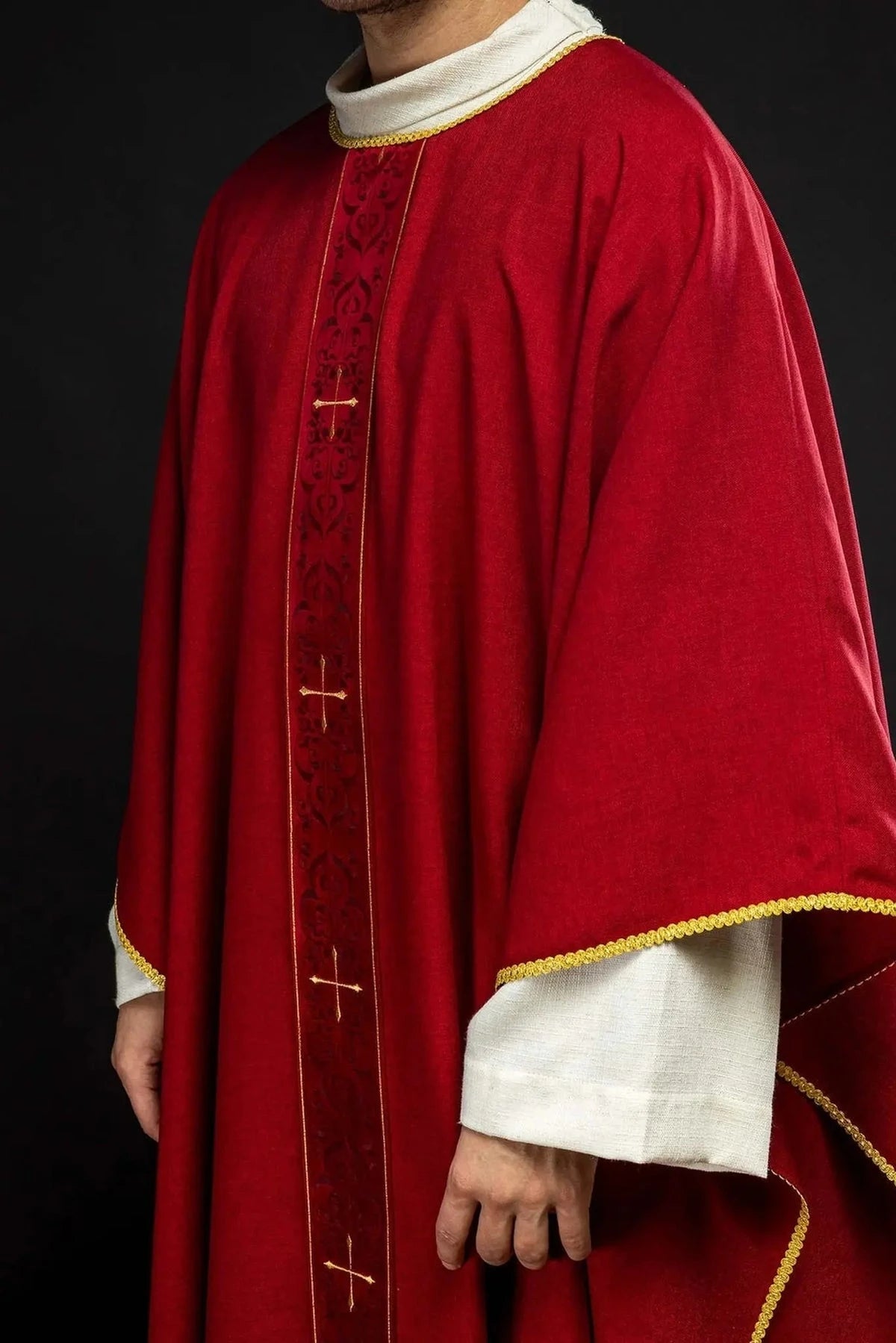Red Chasuble with Embroidered Cross Panel — full view