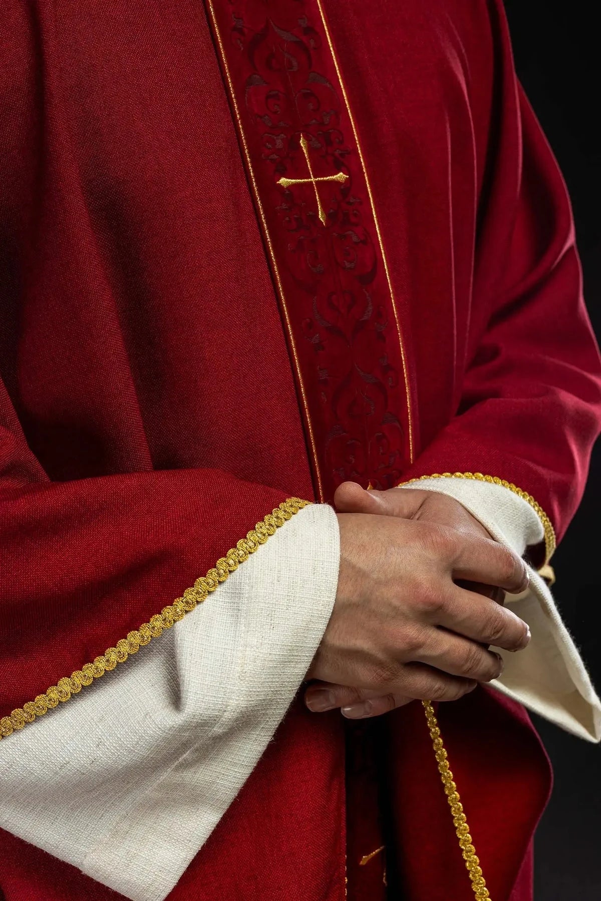 Red Chasuble with Embroidered Cross Panel — embroidery close-up