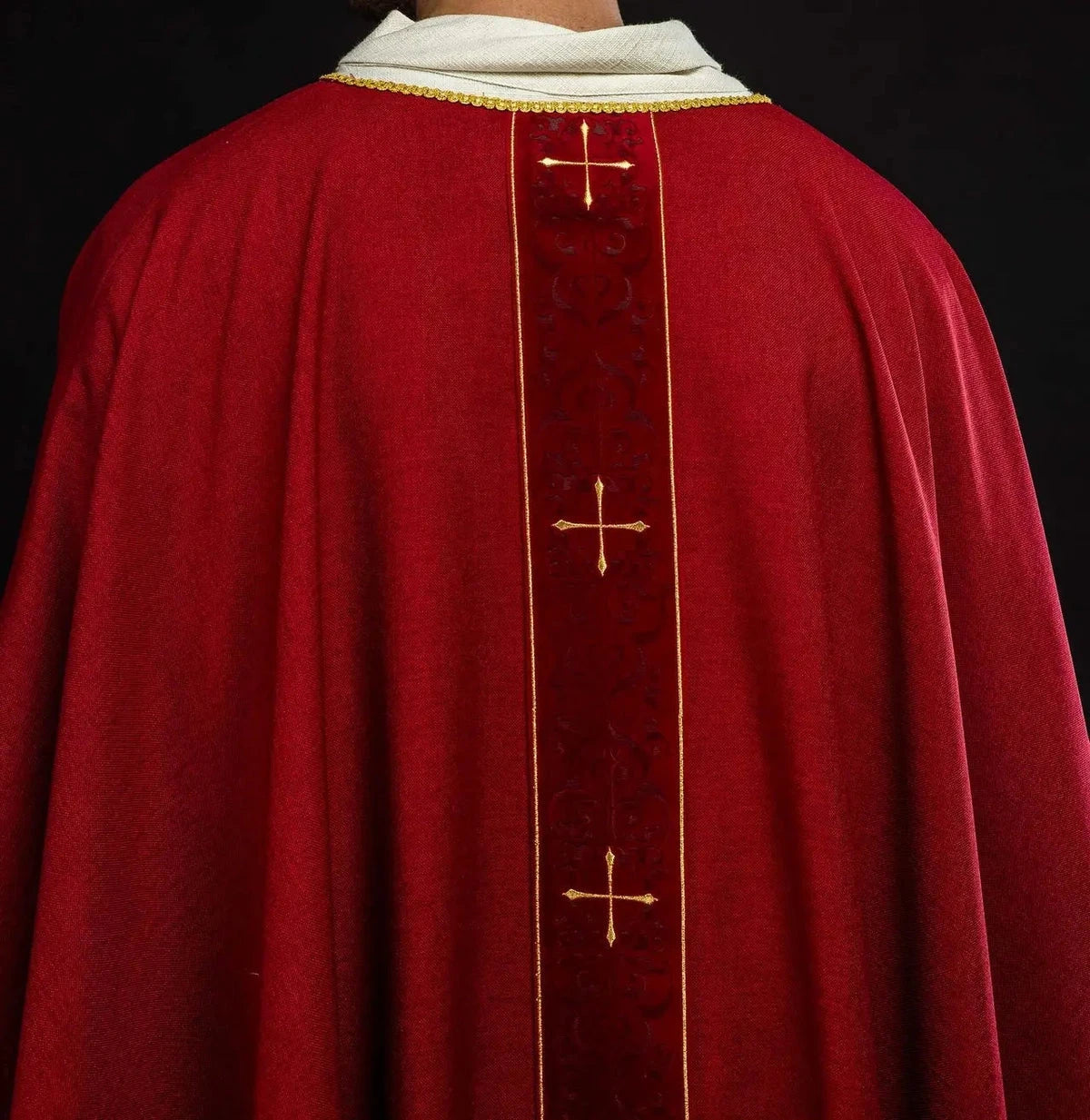 Red Chasuble with Embroidered Cross Panel — fabric detail