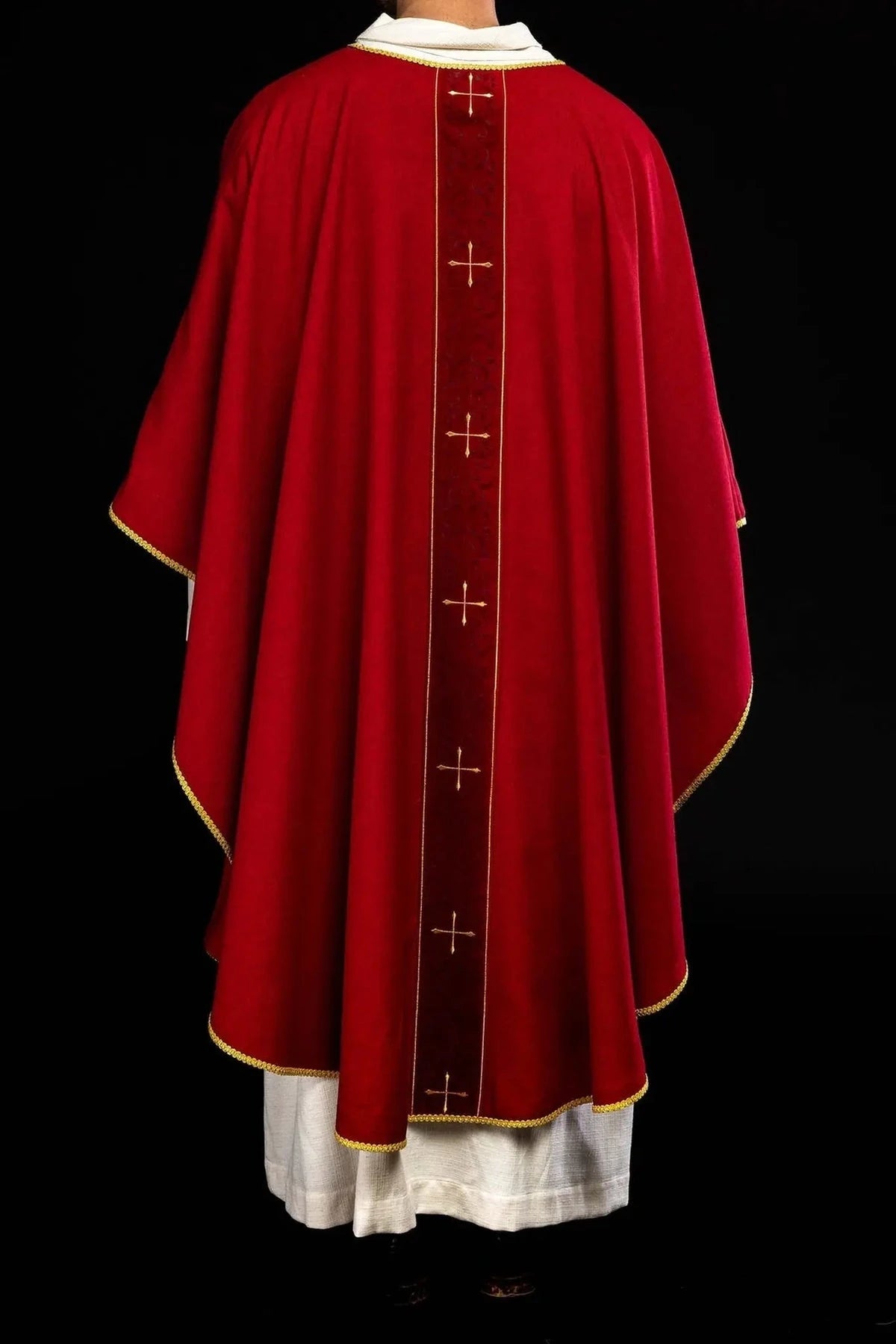 Red Chasuble with Embroidered Cross Panel — fit on celebrant