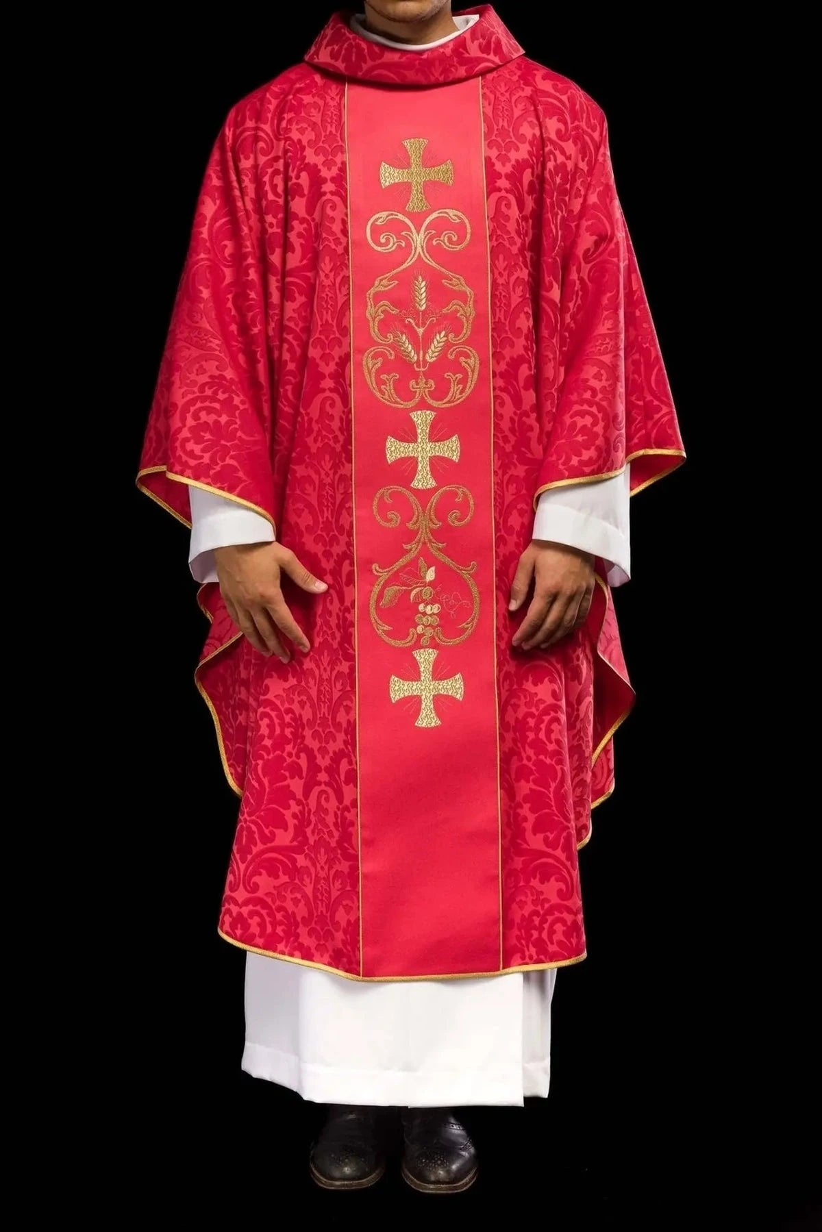 Red Chasuble with Embroidered Front Panel — full view