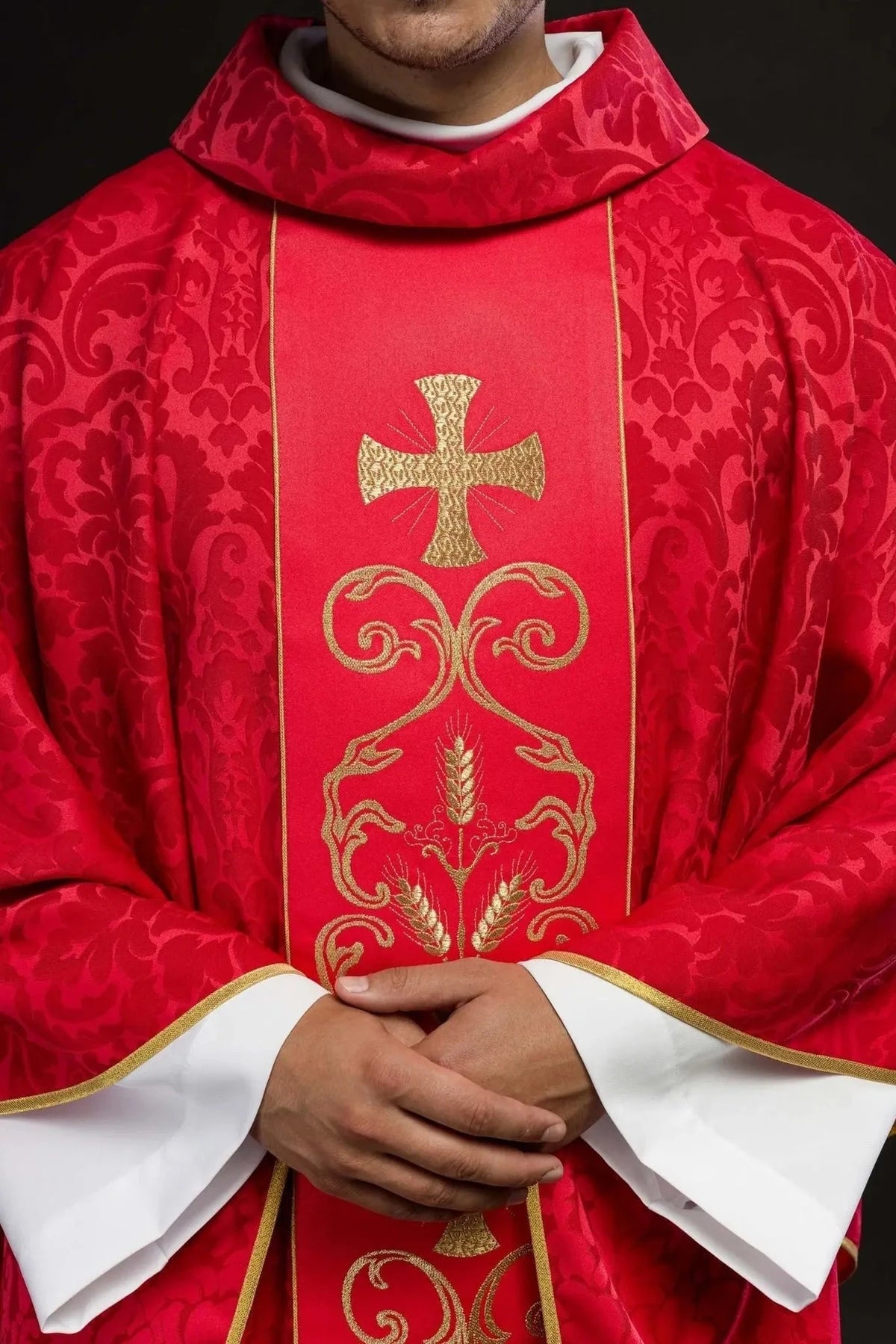 Red Chasuble with Embroidered Front Panel — embroidery close-up