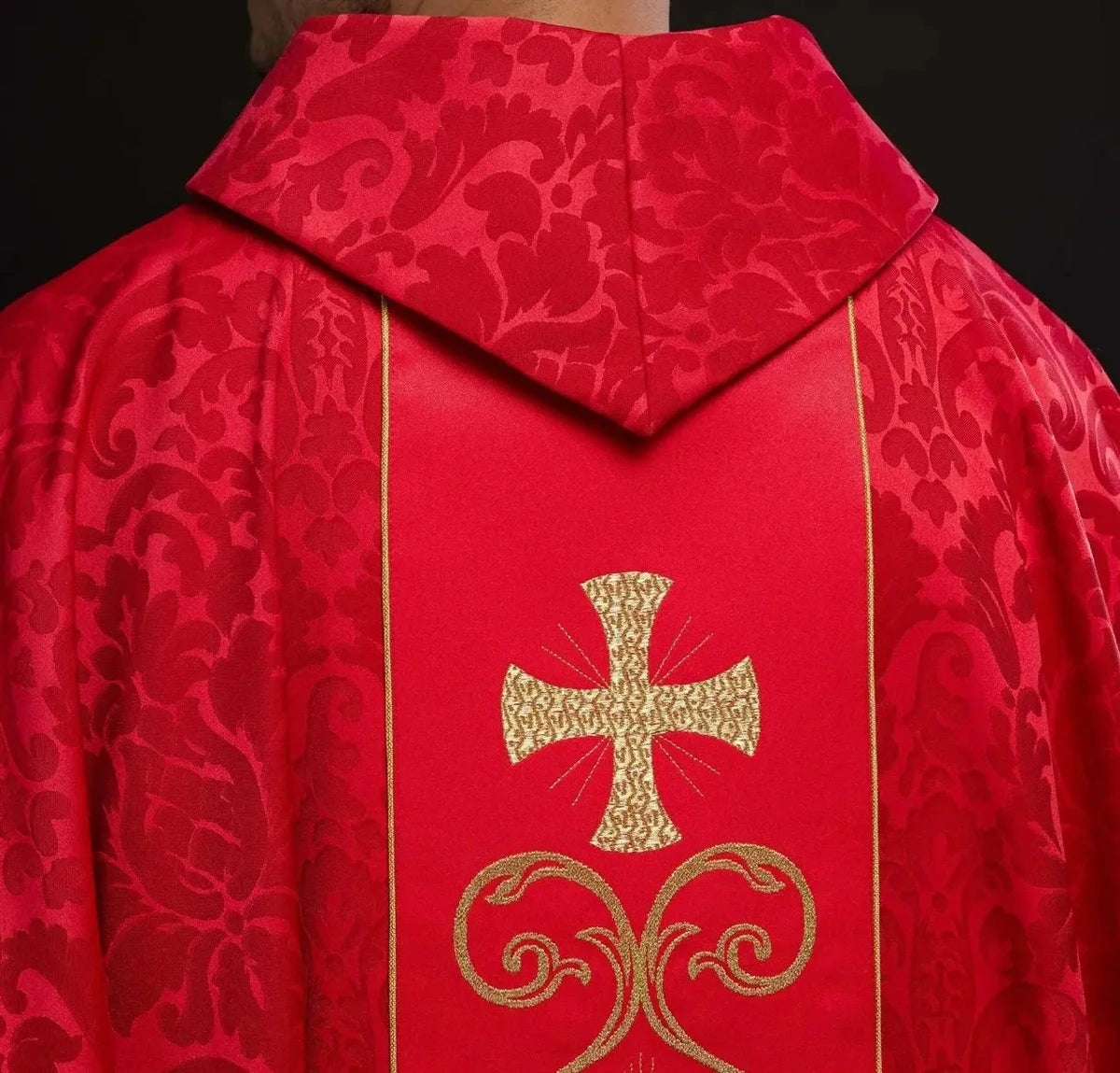 Red Chasuble with Embroidered Front Panel — front view