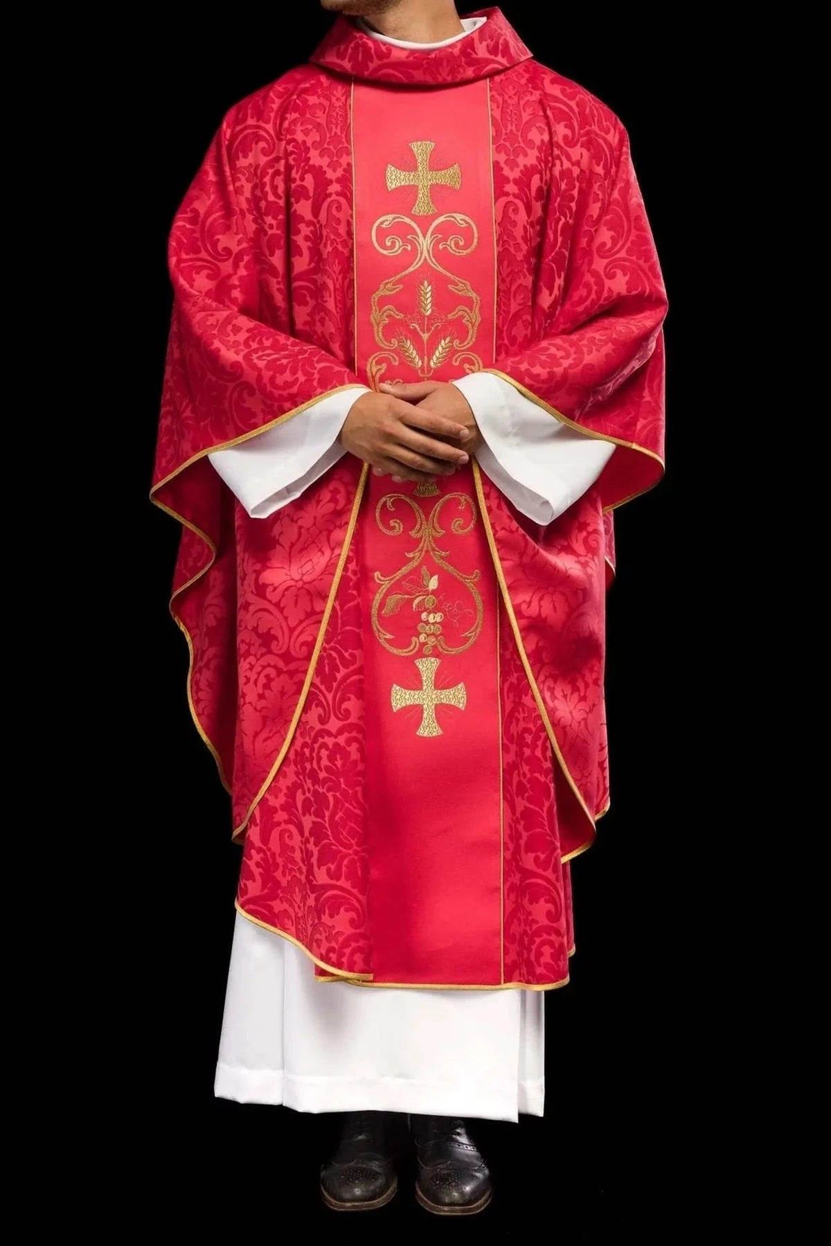 Red Chasuble with Embroidered Front Panel — fabric detail